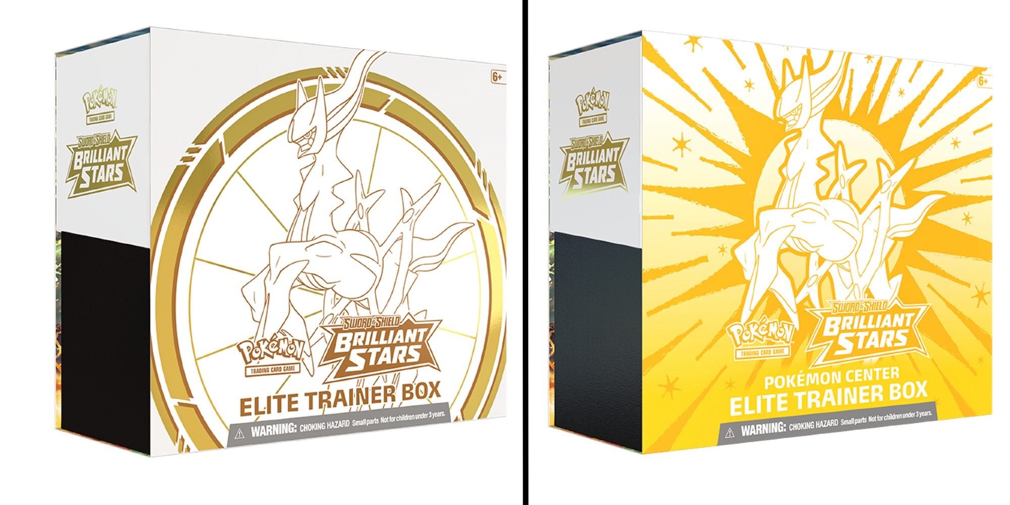 Brilliant Stars Elite Trainer Box, white box on the left, gold box on the right. Arceus on the cover.