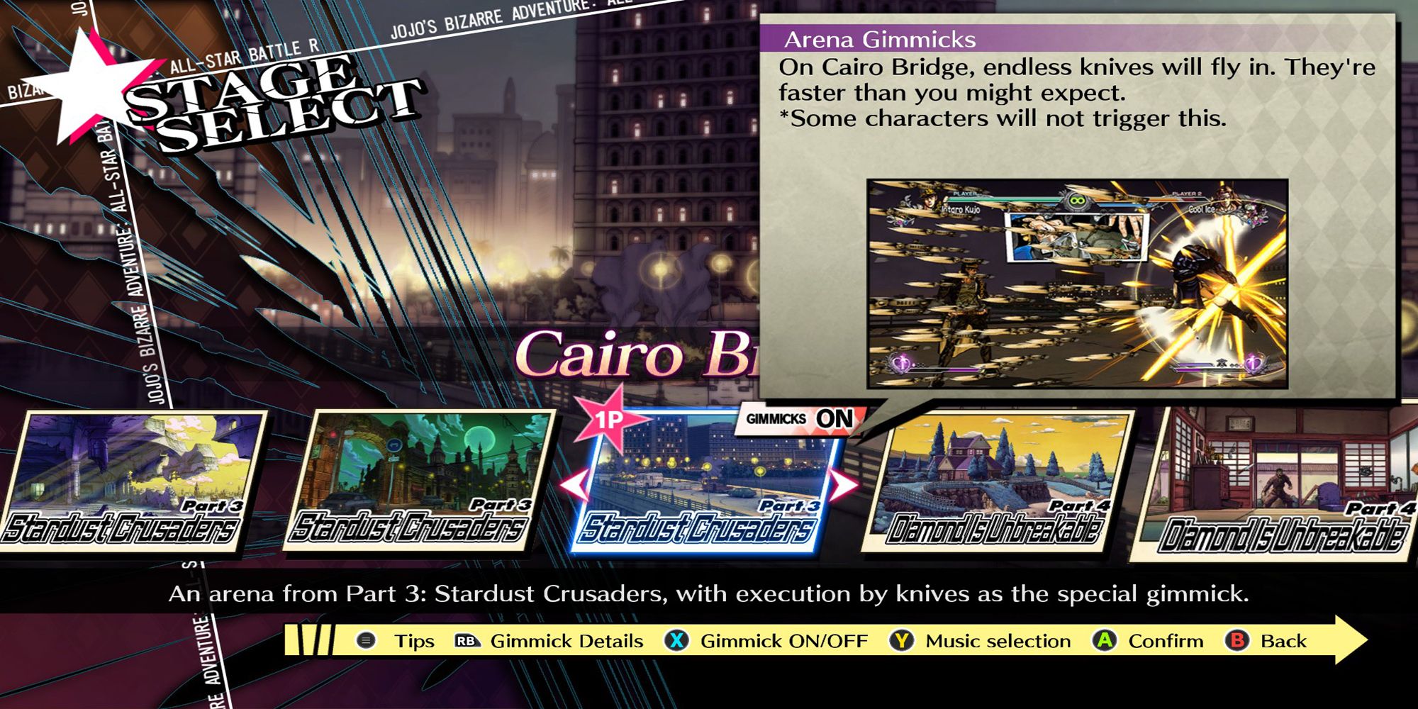 In JoJo's Bizarre Adventure: ASBR, Cairo Bridge's arena gimmick is an assault of hundreds of knives thrown by DIO.