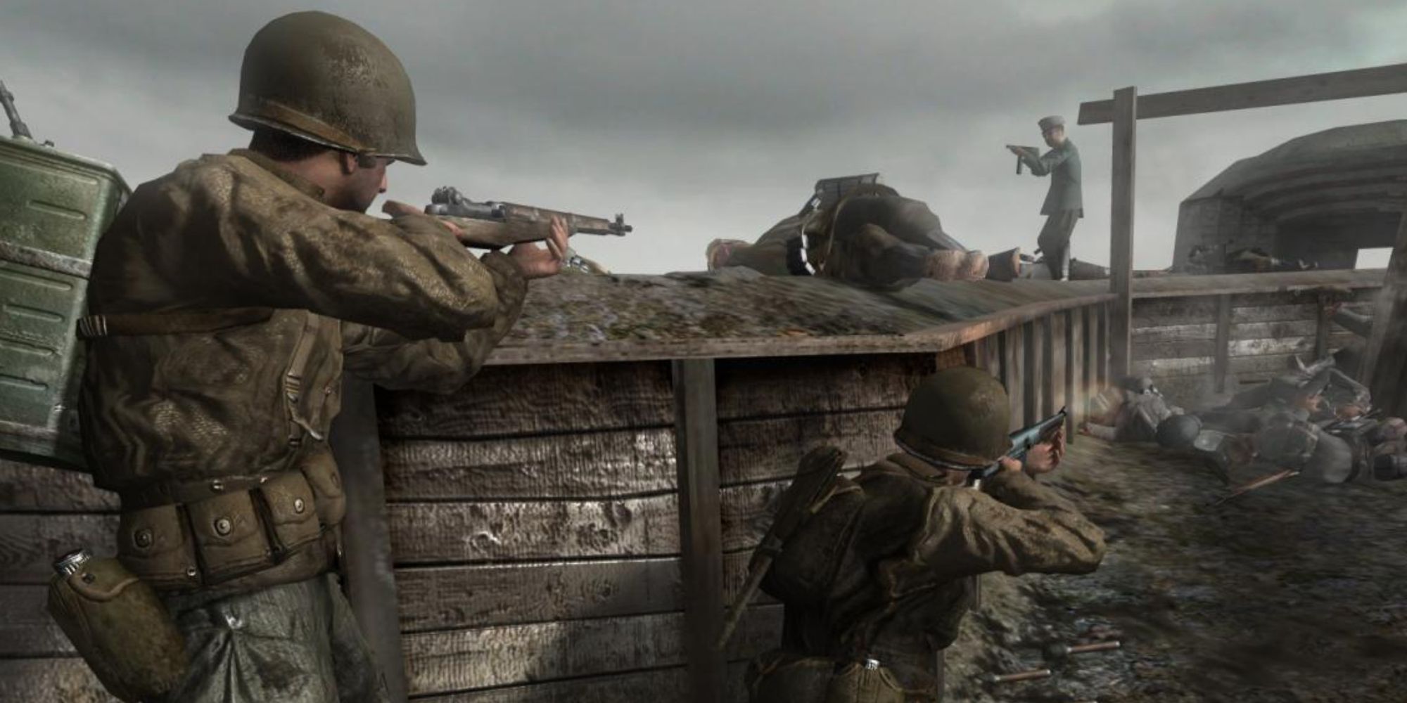 Screenshot of Soldiers battling in a Bunker in Call of Duty 2