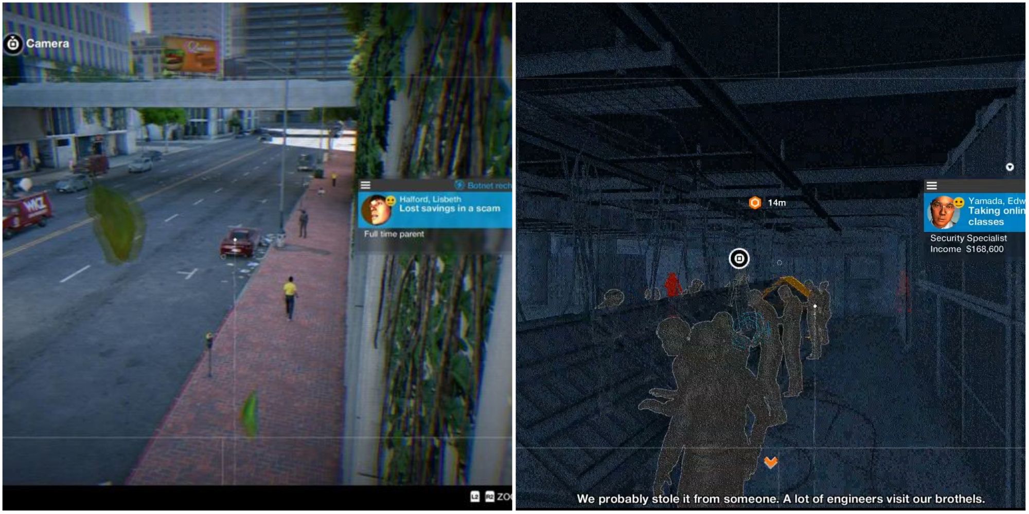 Collage of a hacked cameras outside on the street and in an enemy base in Watch Dogs 2