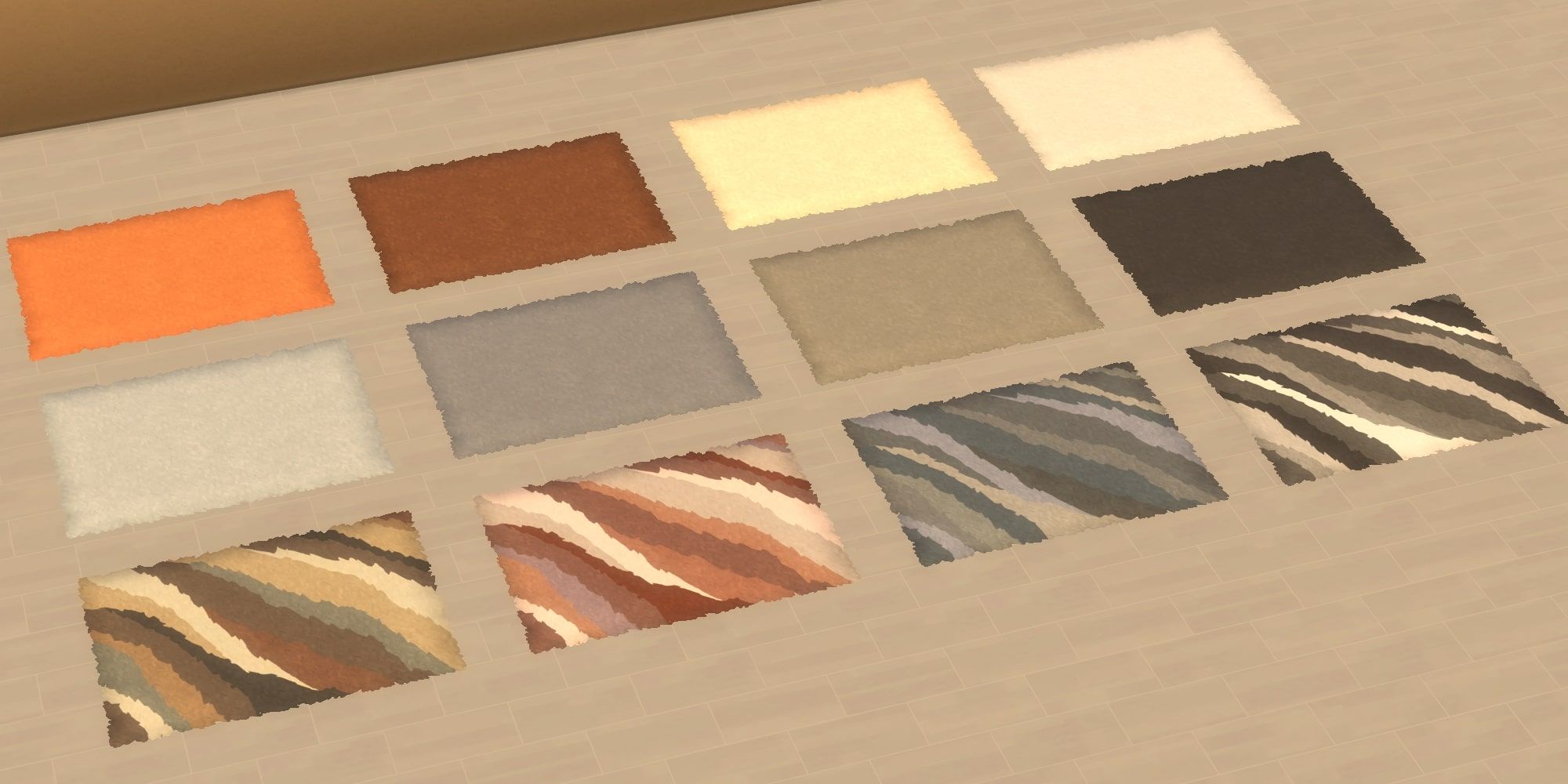 Sims 4: Industrial Loft Kit Carpets, all swatches in empty room