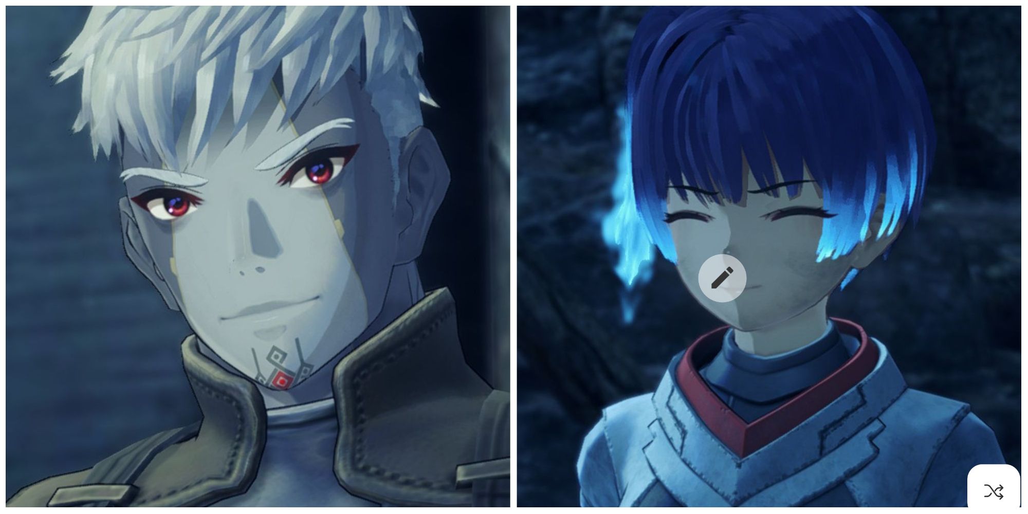 a split image of Lanz and Sena from Xenoblade Chronicles 3 with a close up of Lanz on the left and a mid shot of Sena on the right