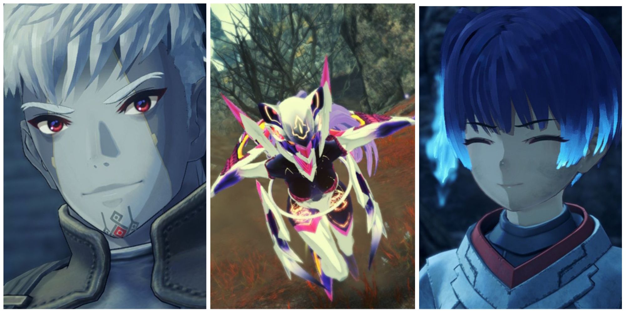 on the left is Lanz from Xenoblade Chronicles 3, in the middle is Mia's Ouroboros form and on the right is Sena