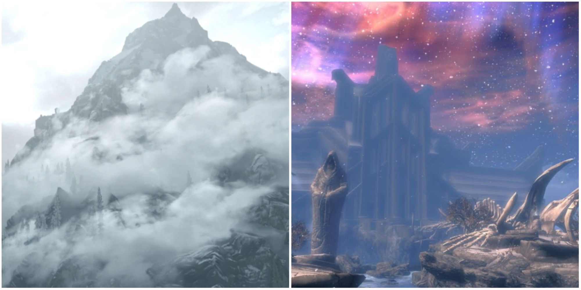 Collage of the Throat of the World and Sovngarde in Skyrim