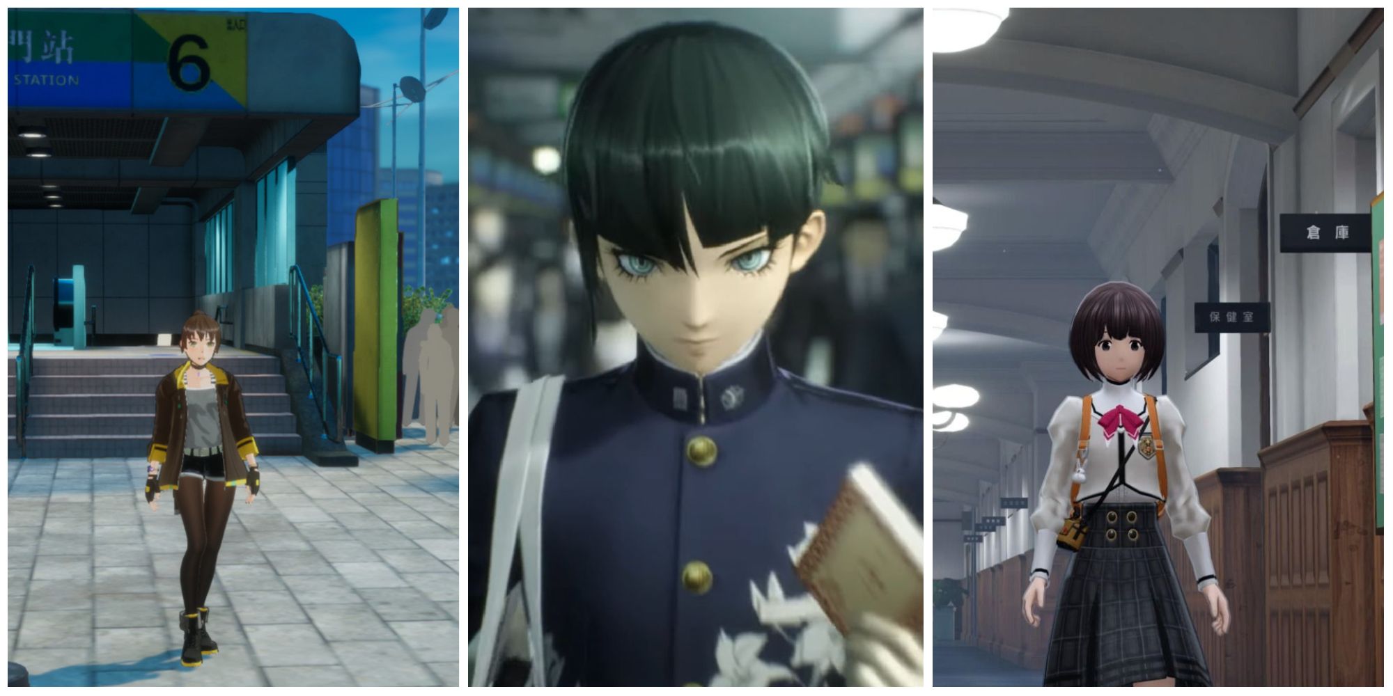 on the left is Yumo from Dusk Diver, in the middle is the protagonist of Shin Megami Tensei 5 and on the right is Chiyo from Monark