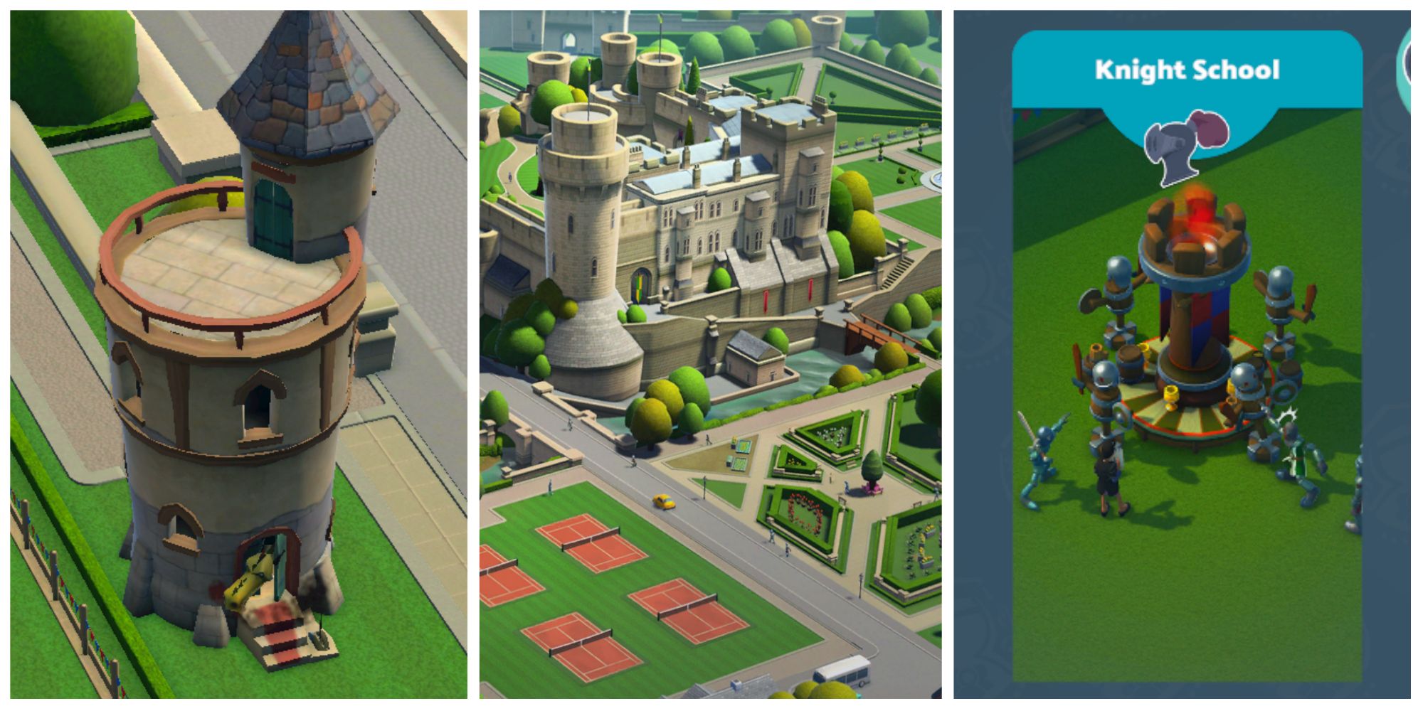 Two Point Campus - split feature image featuring screenshots of the Dragon Tower, a large castle in Noblestead, and the Knight School banner on the Course Information screen