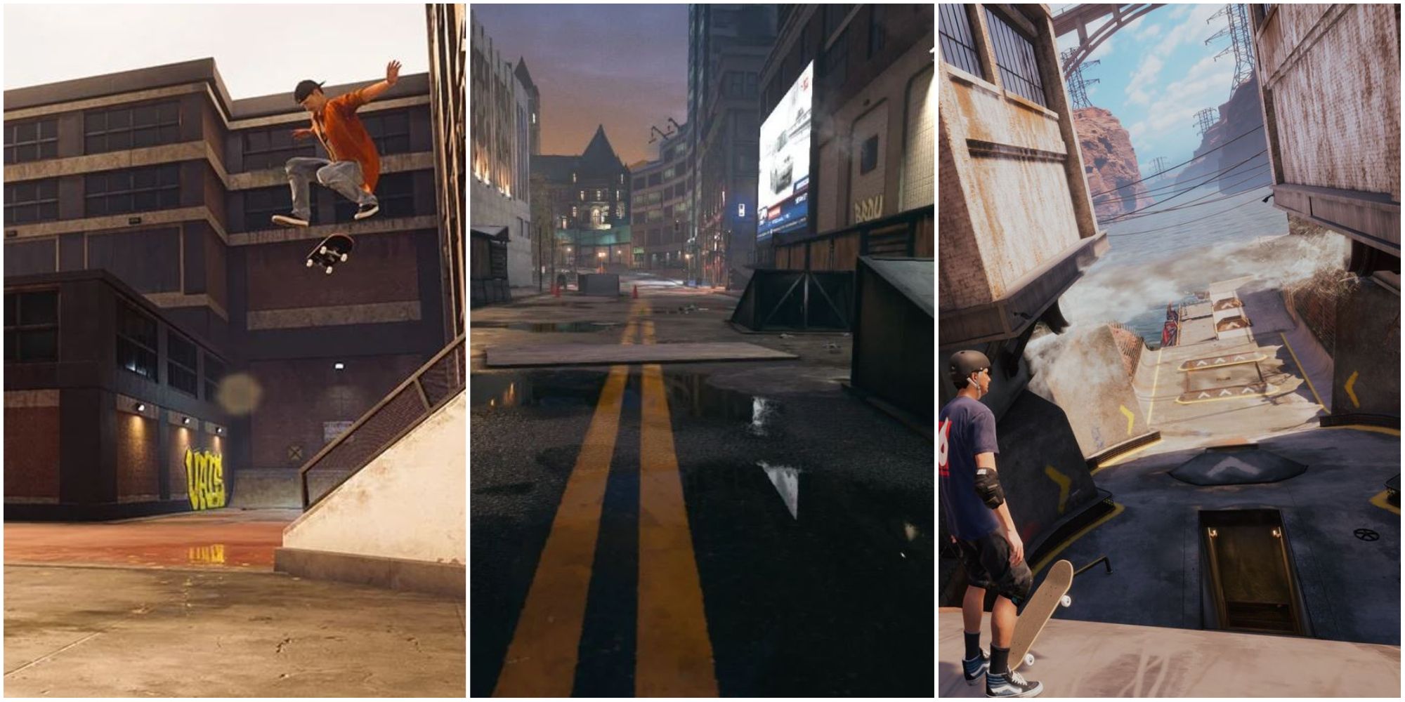 Split image showing the School, Downtown, and Downhill maps from Tony Hawk's Pro Skater 1 + 2