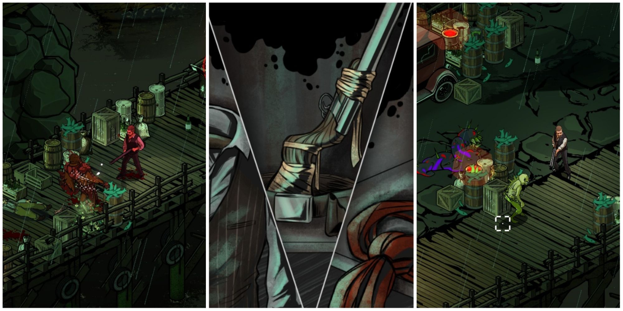 Lovecraft's Untold Stories 2 collage of the detective fighting, and a shotgun