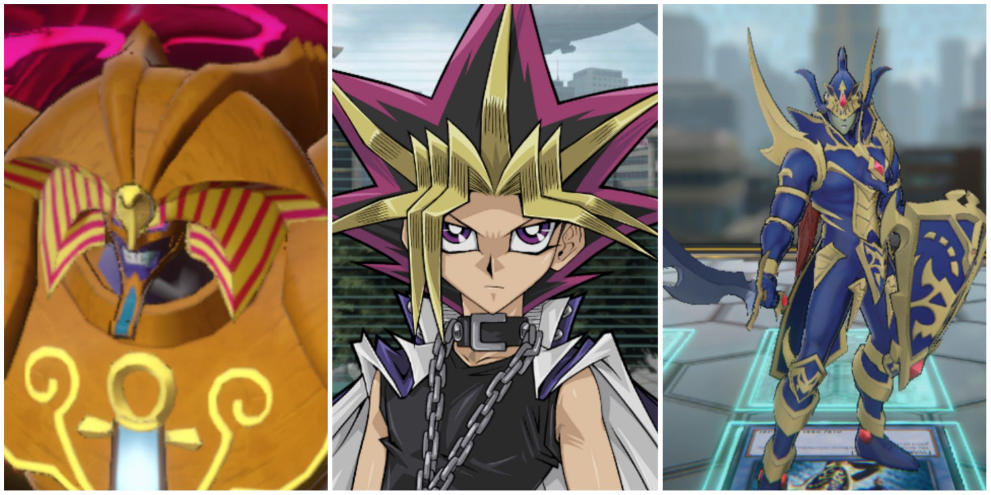 Yu-Gi-Oh! Cross Duel - split feature image featuring screenshots of Exodia, Yugi, and the Black Luster Soldier