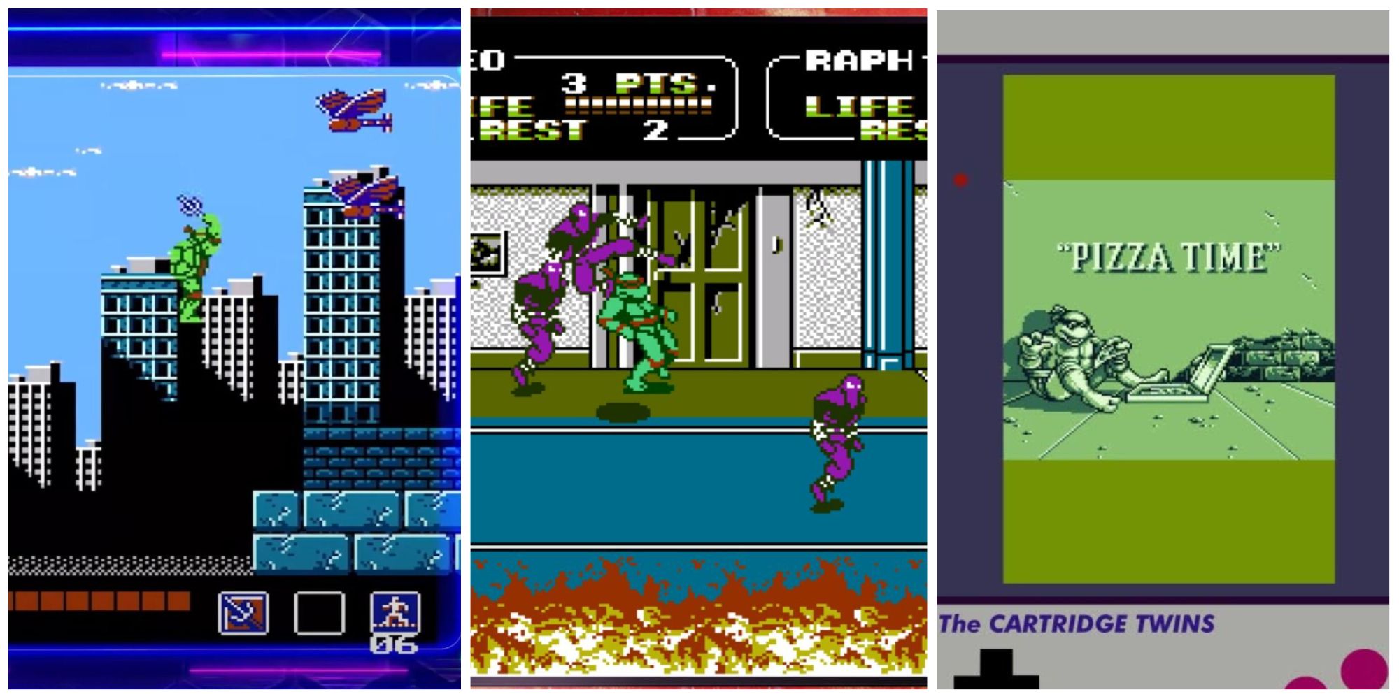 A collage of game screenshots from Teenage Mutant Ninja Turtles: The Cowabunga Collection 