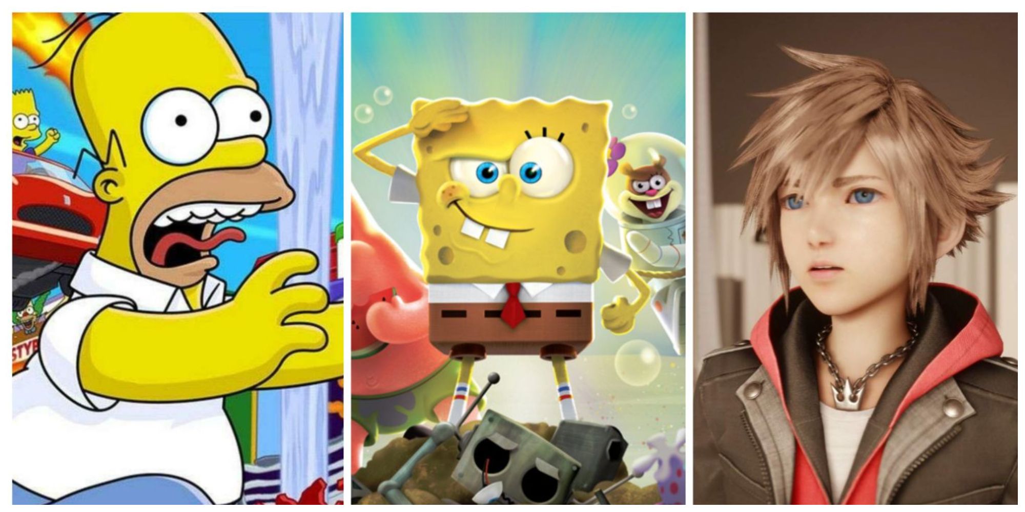 Split image featuring Homer Simpson, Spongebob, and Sora from Kingdom Hearts