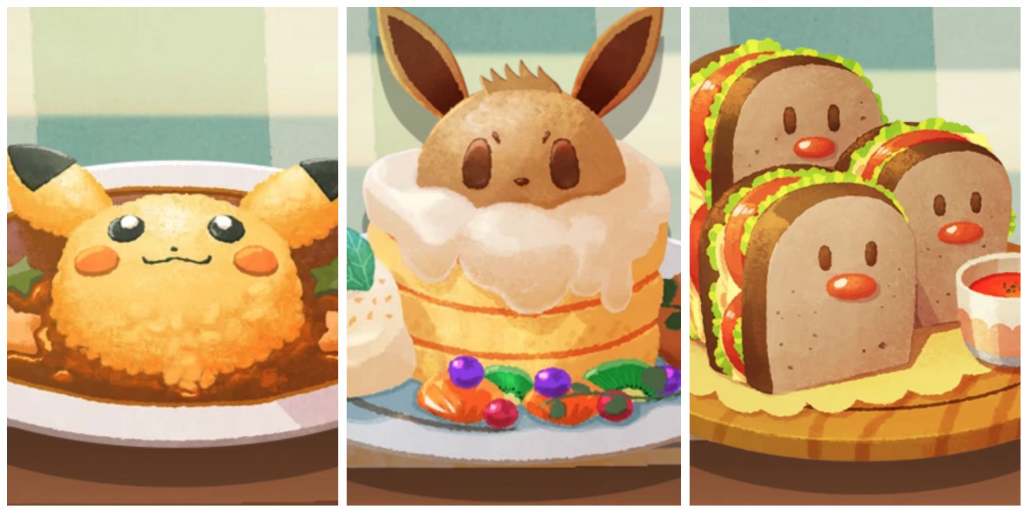 Header Image for X Meals You Would Order From Pokemon Cafe Remix featuring Piquant Pikachu Curry, Fluffy Eevee Pancakes, and Dugtrio Sandwich Trio