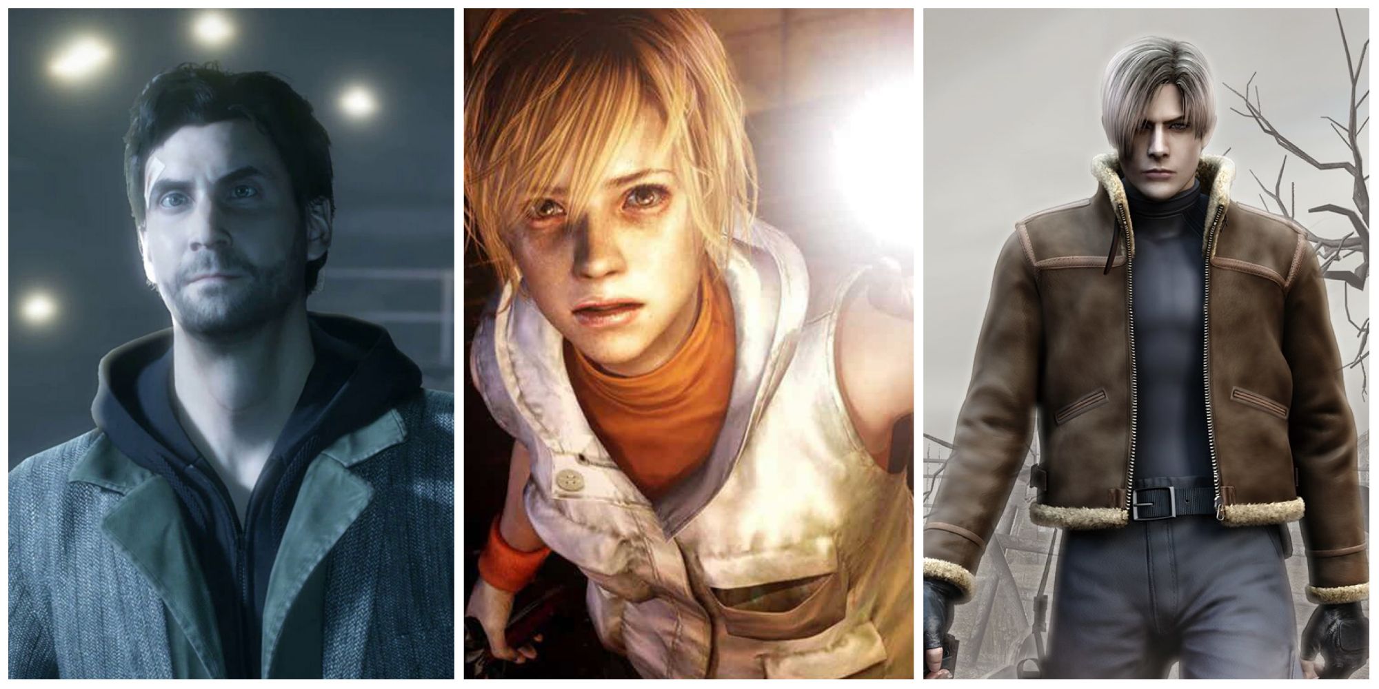 A collage of horror protagonists including Alan Wake, Heather Mason, and Leon Kennedy