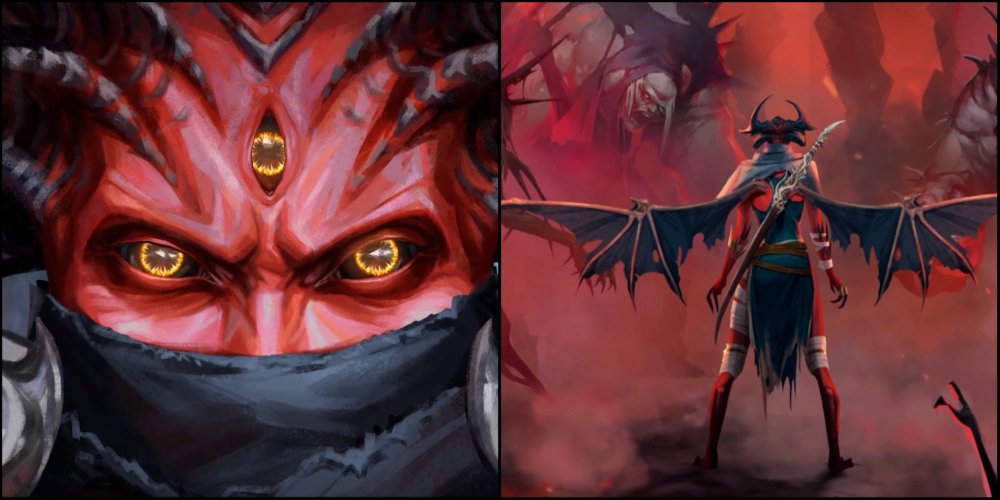 The protagonist of Metal: Hellsinger looking at you on the left and she looking at enemies on the right.