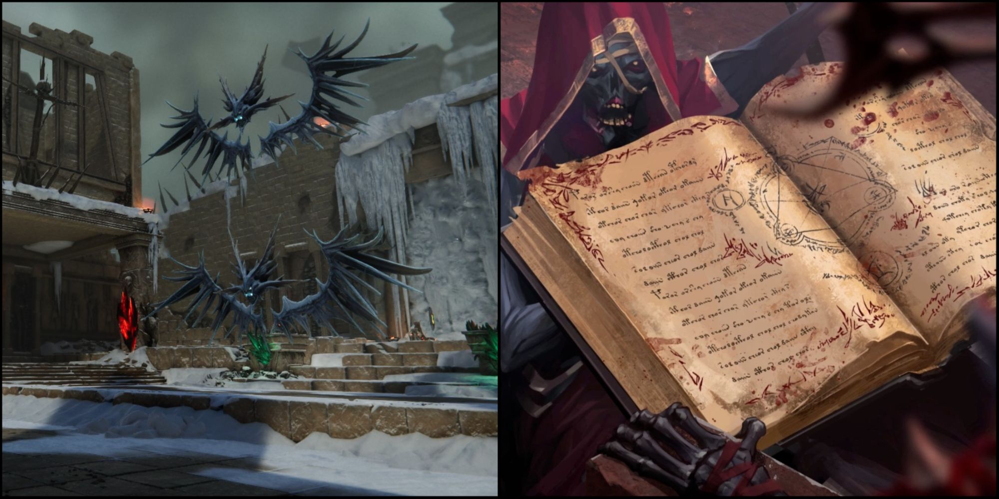 Two aspects on the left, a book of forbidden spells on the right.