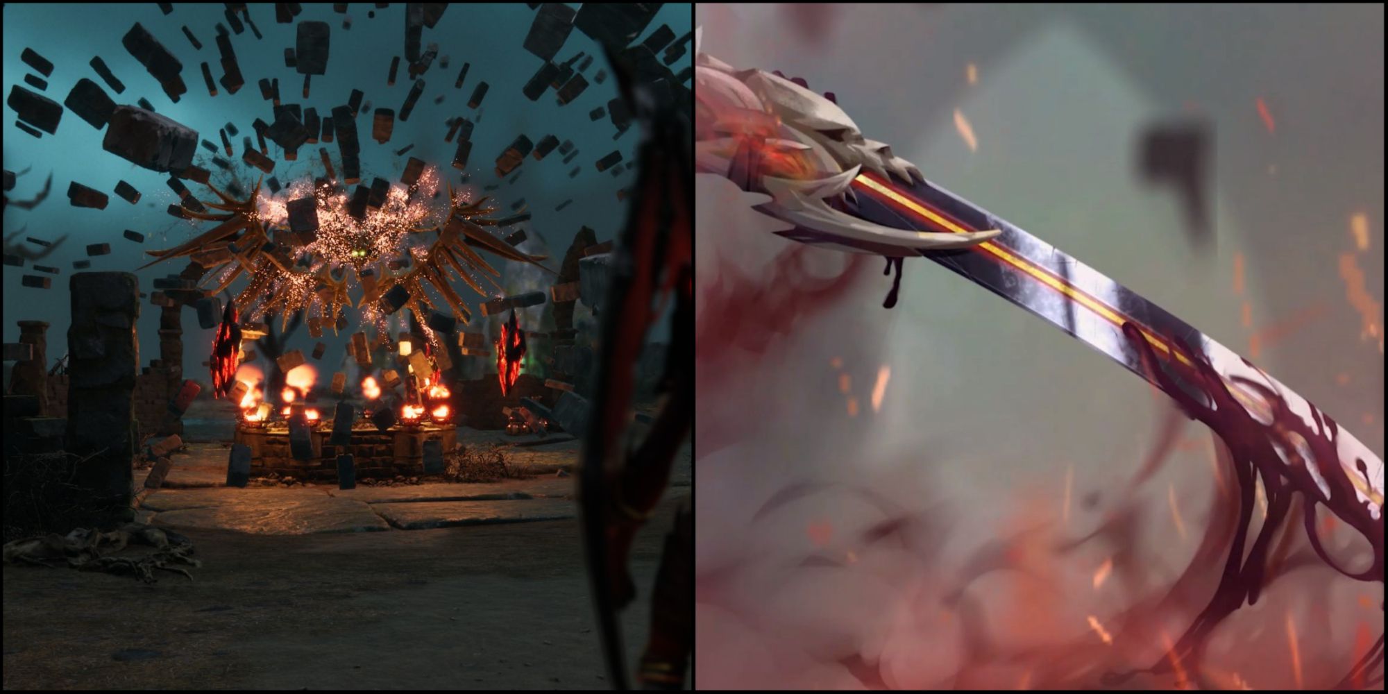 Yhelm's boss charging its shield on the left, the sword of the protagonist with blood on the right.