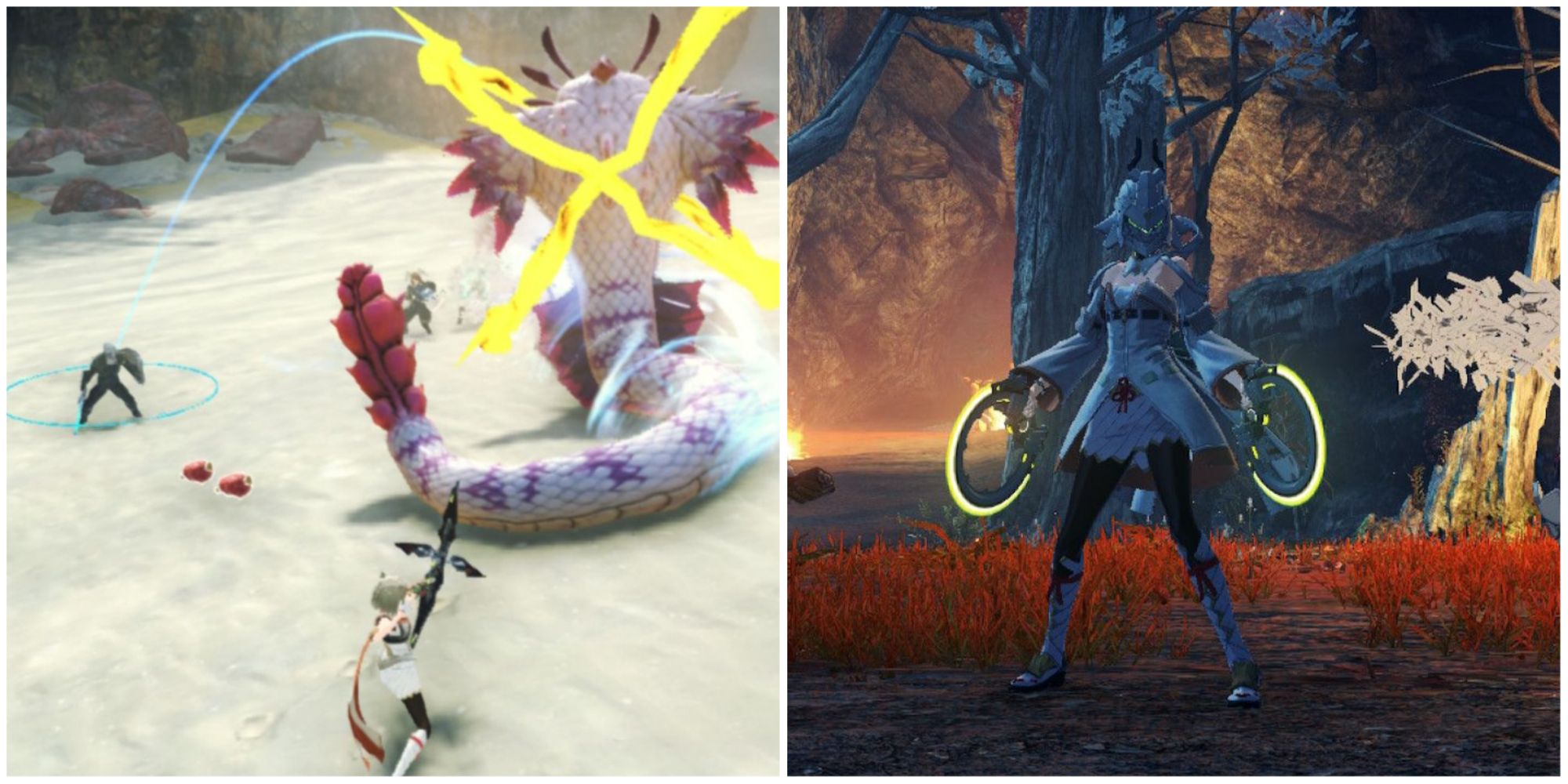 Xenoblade Chronicles 3 collage of party fighting an aspar and a Agnian Zephyr