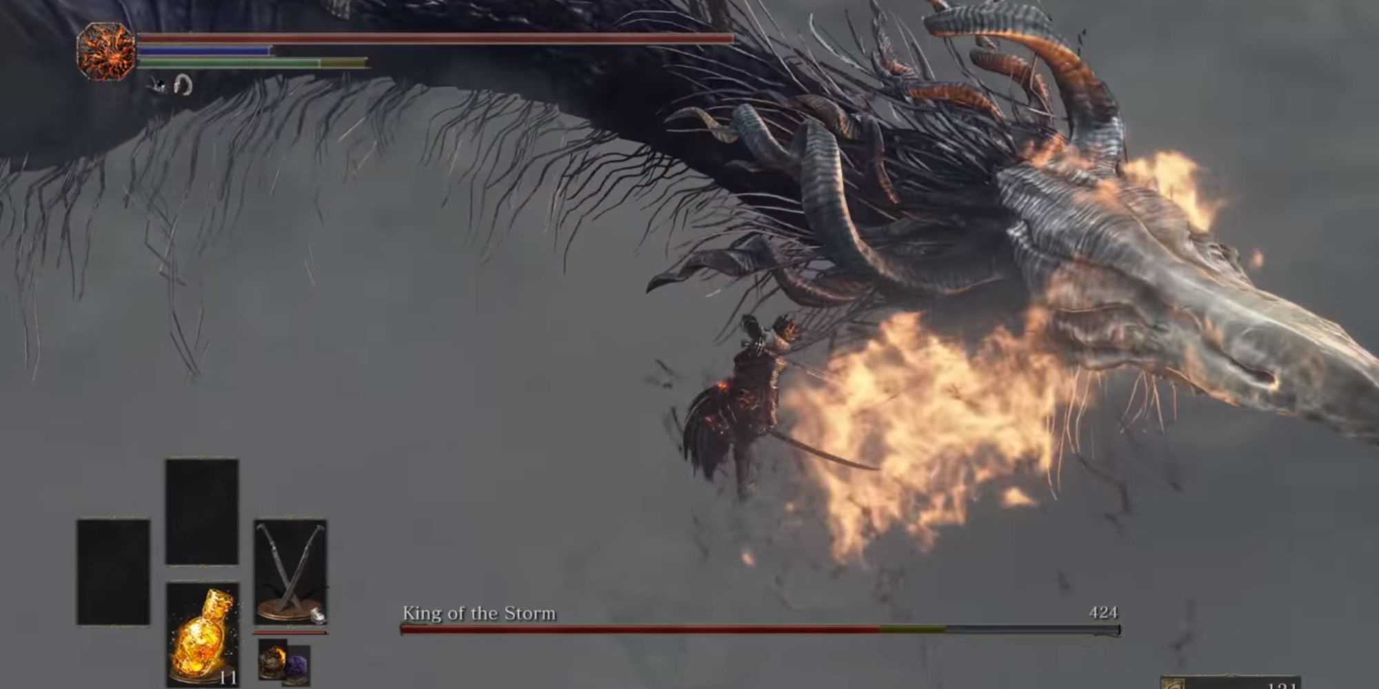 The player jumping and attacking the Wyvern.
