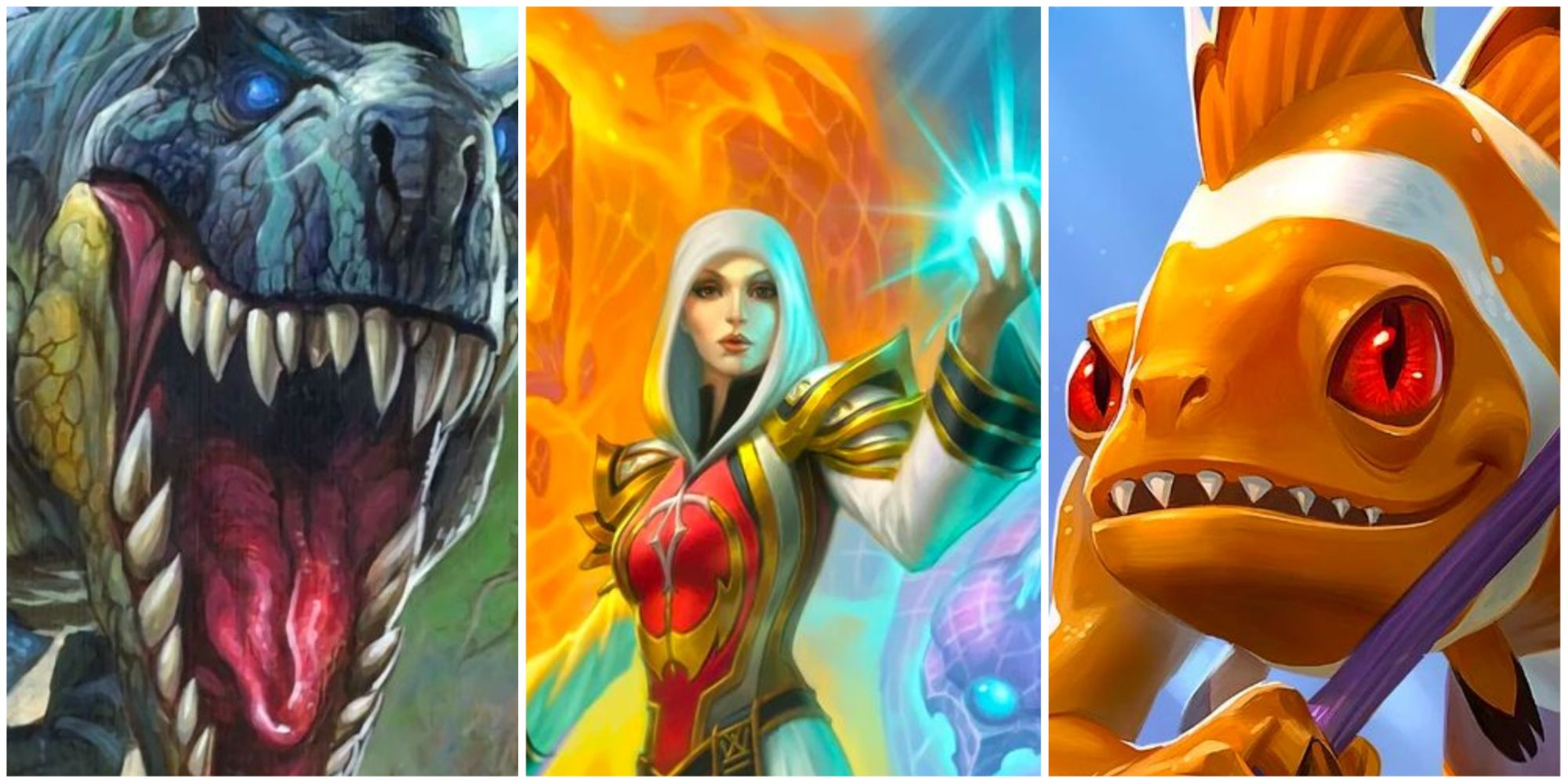 Hearthstone - collage of T-Rex, Human Priest, and a Murlock