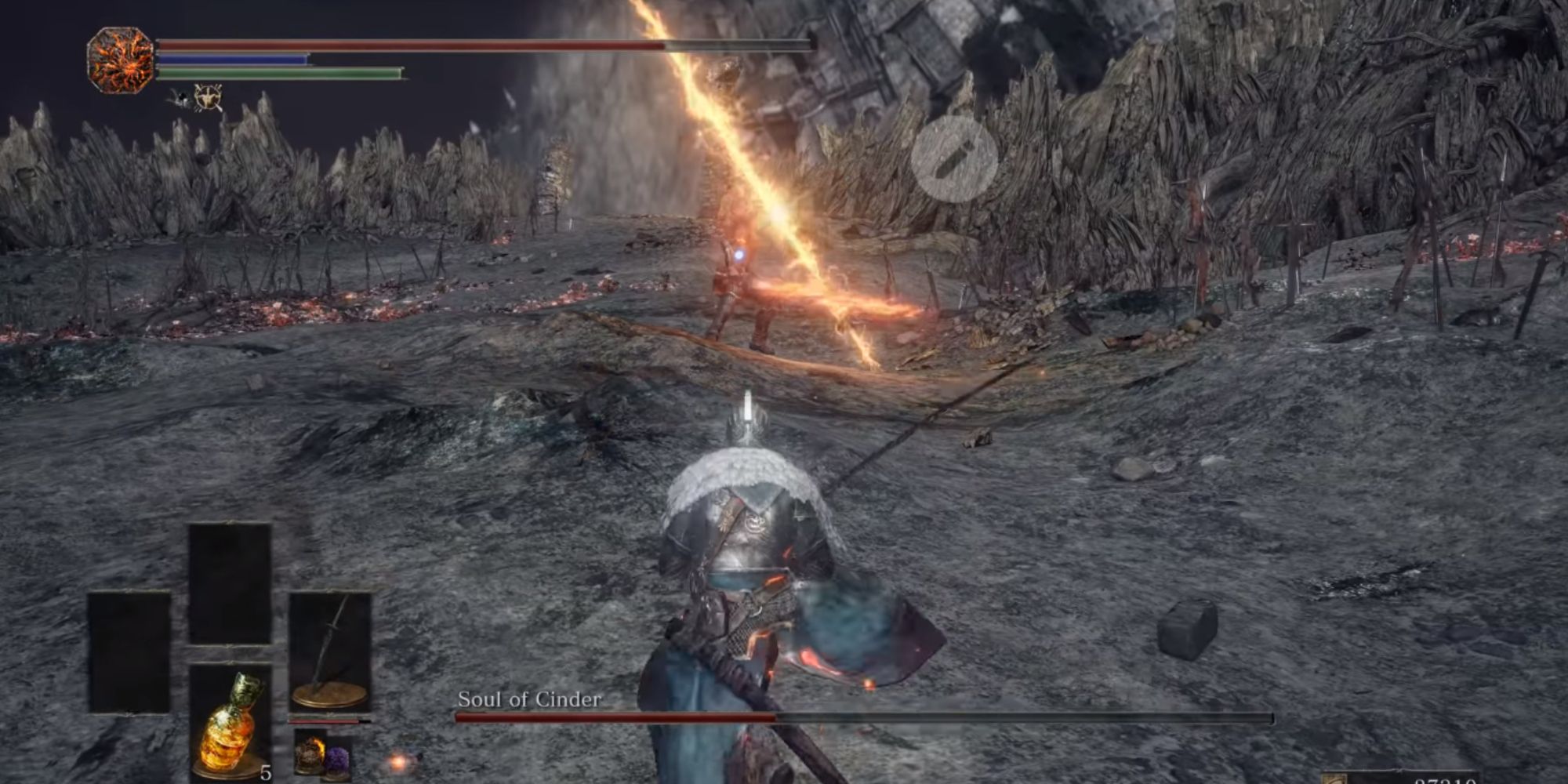 The boss throwing a Lightning Spear at the player.