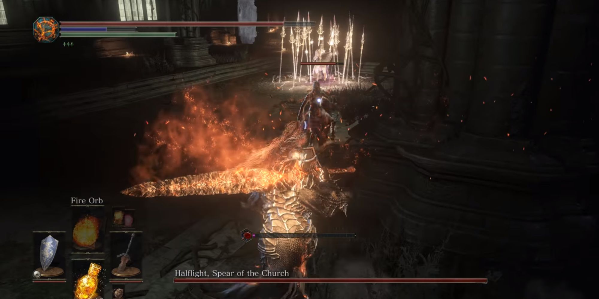 The player approaching the boss with his flaming sword.
