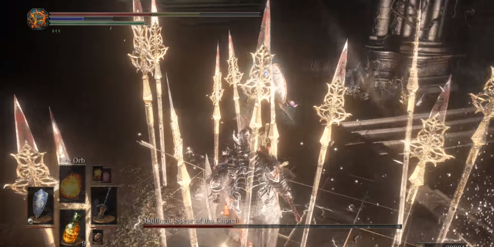 The boss using Ritual Spears to block you.