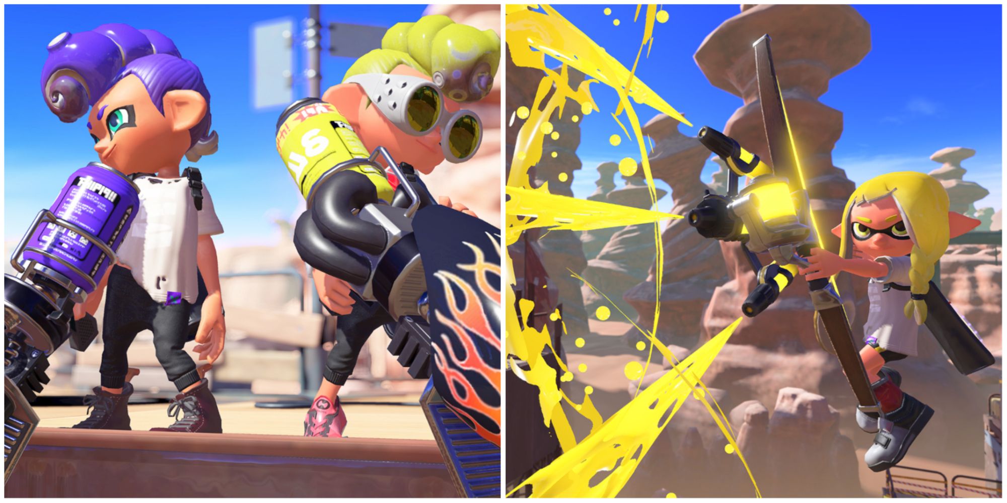Splatoon 3 collage of two squids with blasters and one with the Tri-Stringer