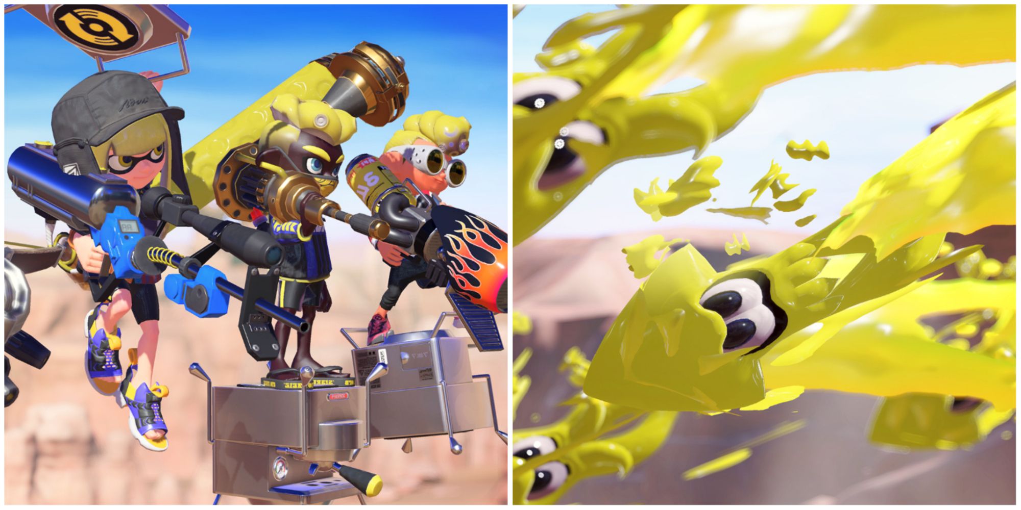 Splatoon 3 collage of squad spawning in and super jumping