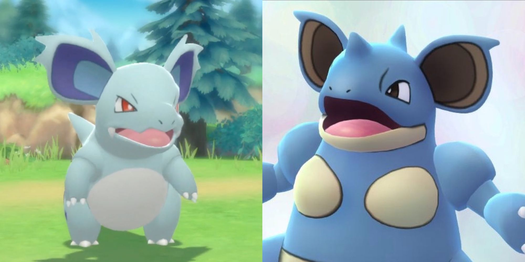 Nidorina and Nidoqueen facing each other with their mouths open