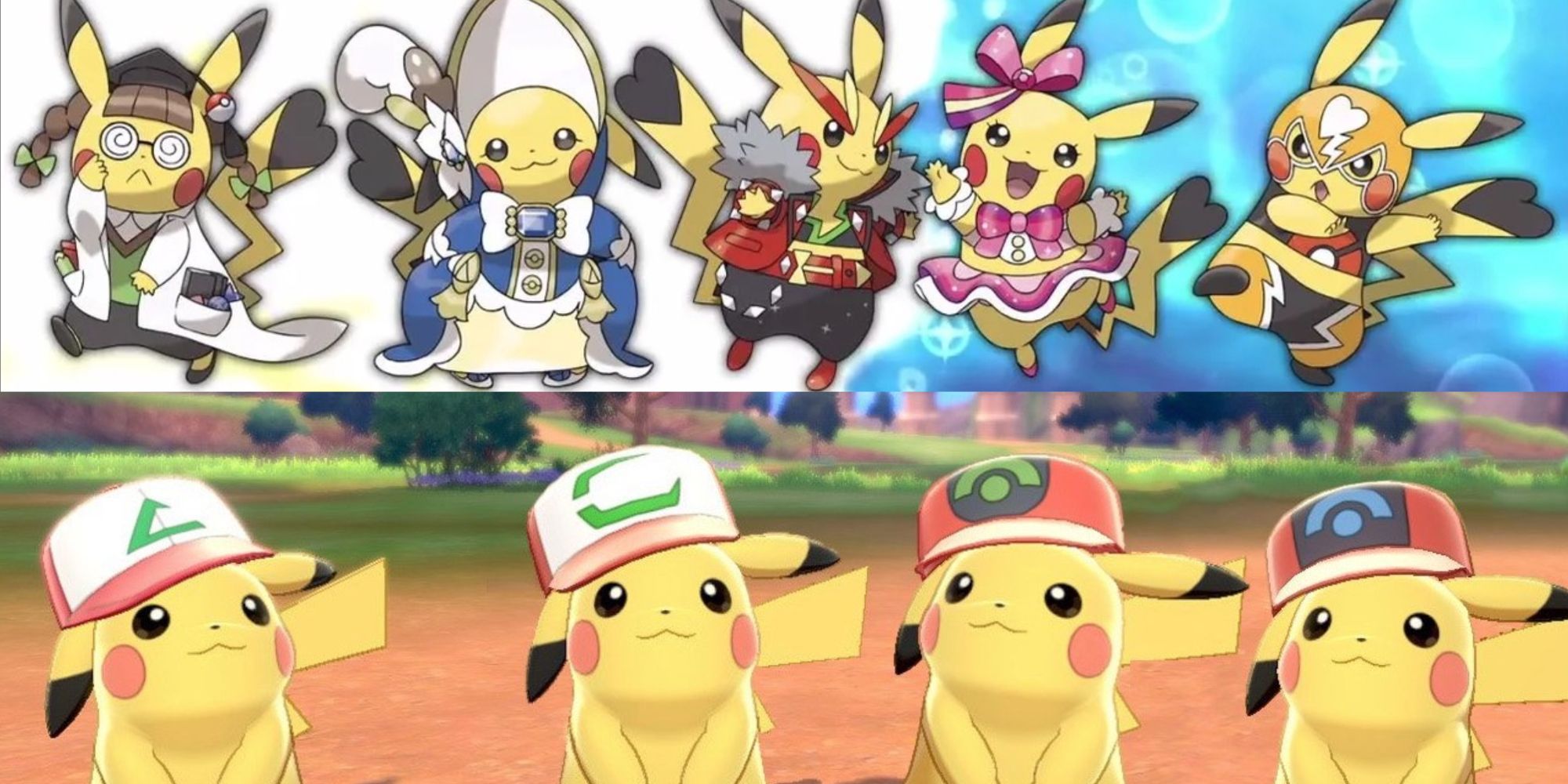 All the cosplay Pikachu above four of the cap Pikachu