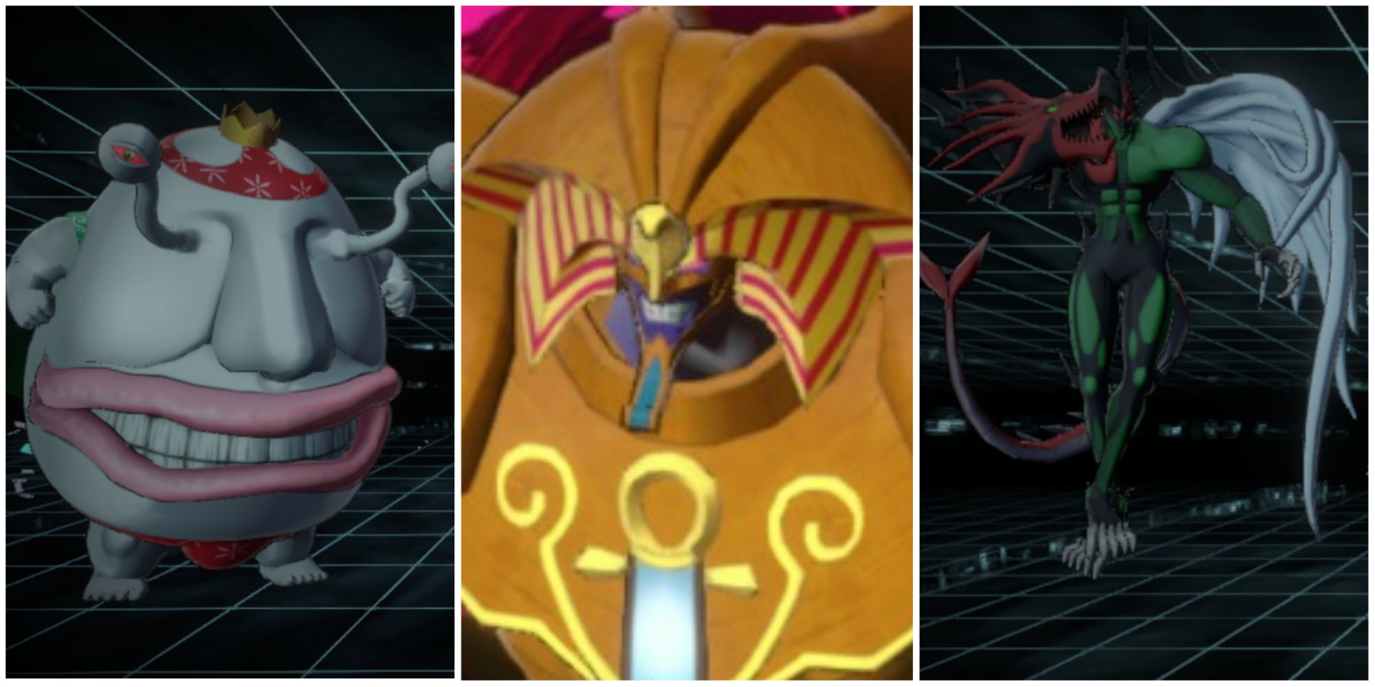 Yu-Gi-Oh! Cross Duel - split feature image featuring 3D models of Ojama King, Exodia, and Elemental HERO Flame Wingman