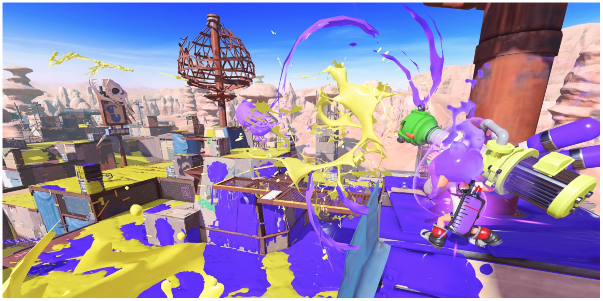 Splatoon 3 Trizooka weapon being shot across a rainmaker map