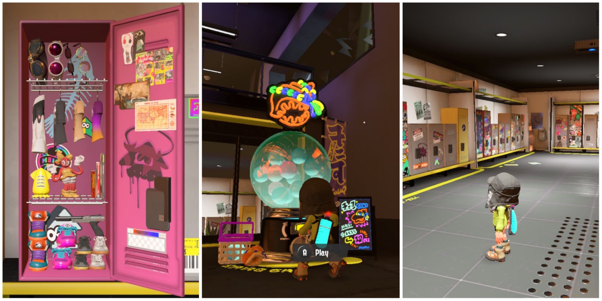 Splatoon 3 - collage of locker, gatcha, and locker room