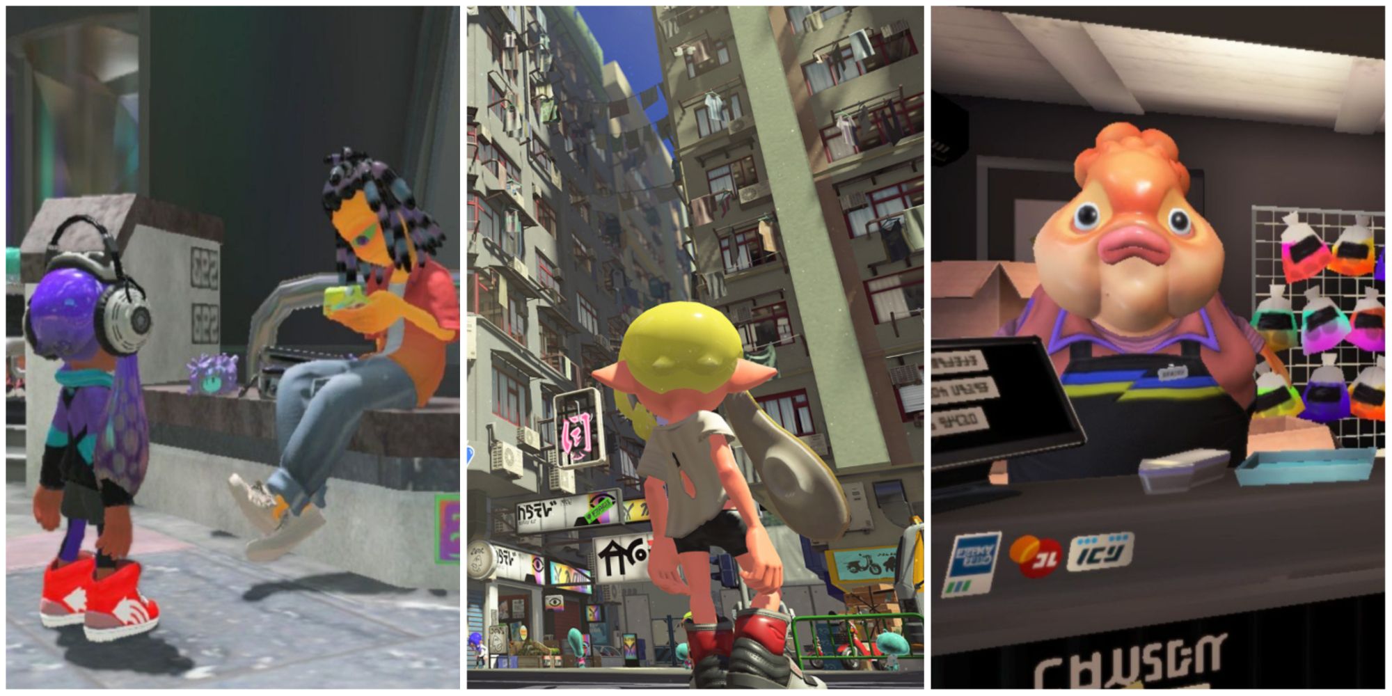 Splatoon 3 - collage of Murch, City, and Food Stall