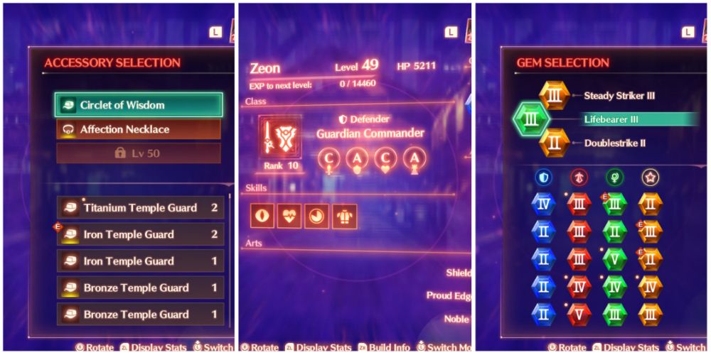 A collage of characters equipping their accessories, choosing a hero, and equipping their gems in Xenoblade Chronicles 3