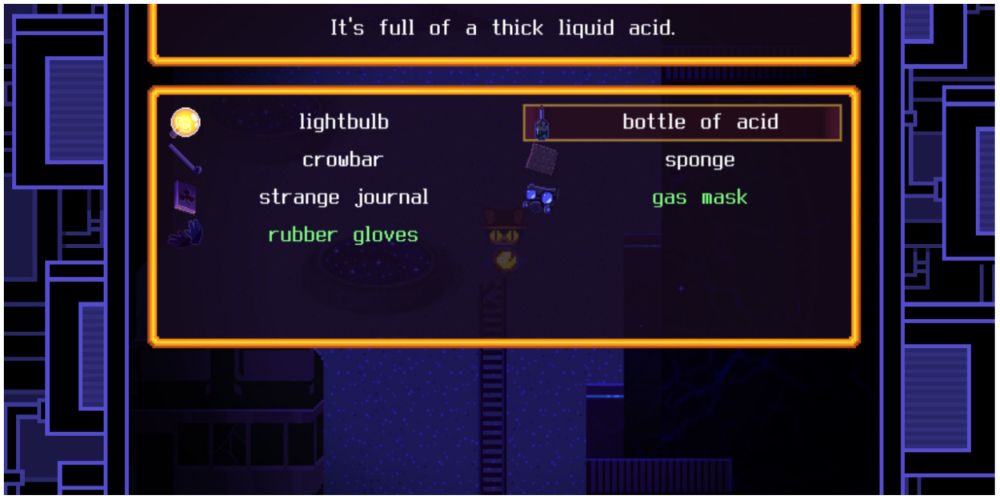 A picture of different inventory items in OneShot: World Machine Edition, such as a lightbulb, a bottle of acid, a crowbar, and more.