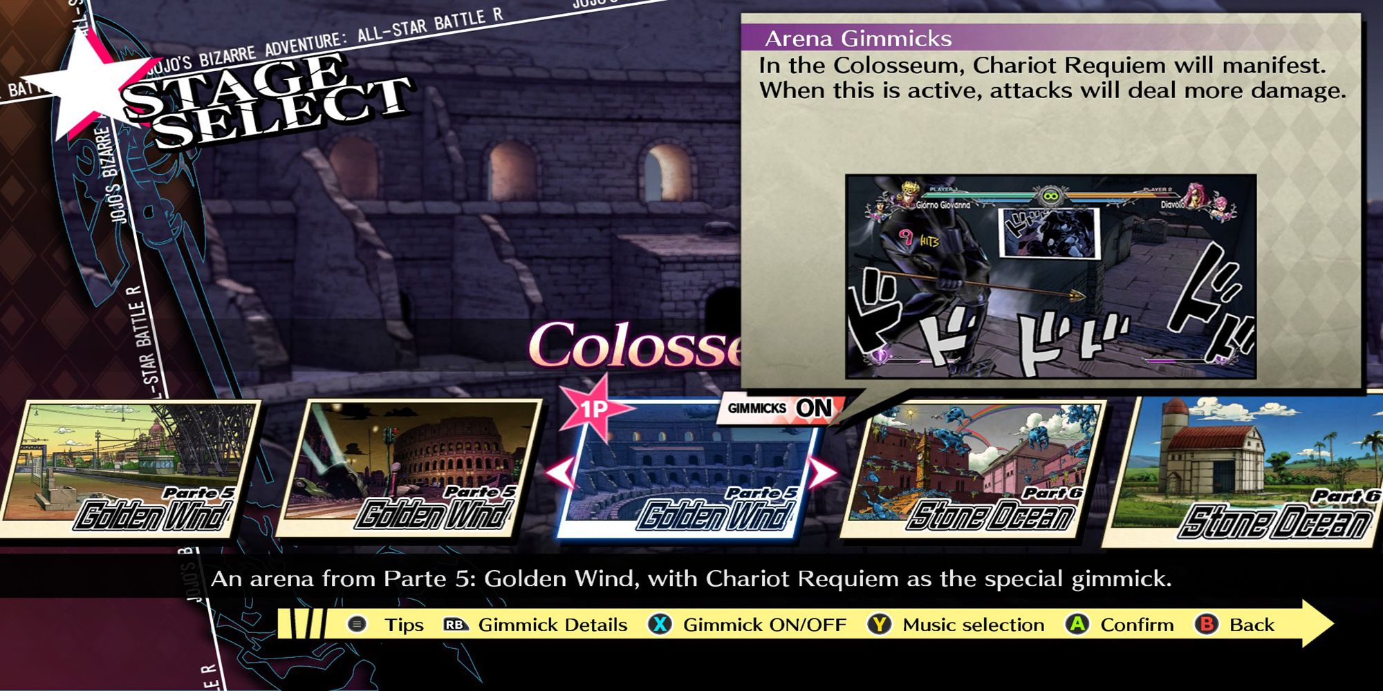 In JoJo's Bizarre Adventure: ASBR, the Colosseum's arena gimmick is an offensive power up from Chariot Requiem.