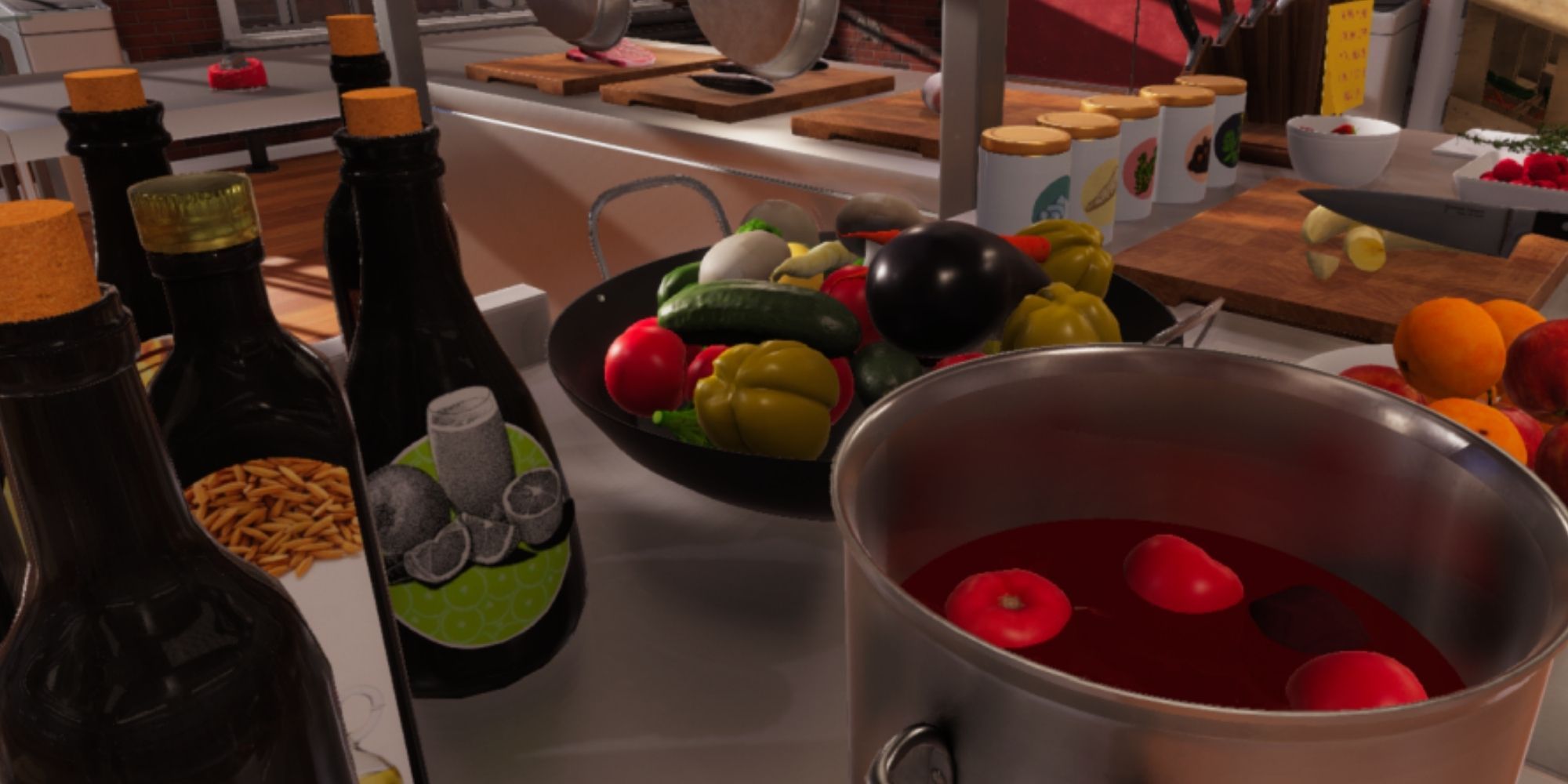 A Perfectly Organized Tray of Vegetables and pot of soup in Cooking Simualtor