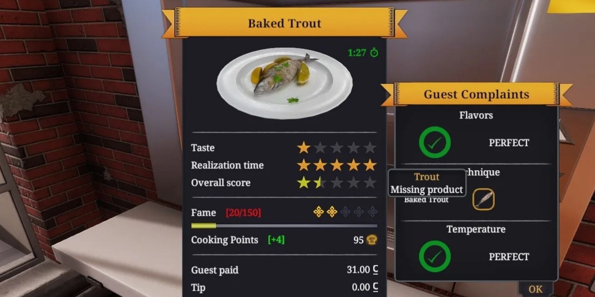 BAked Trout cooking Simulator with No Tip from Customer