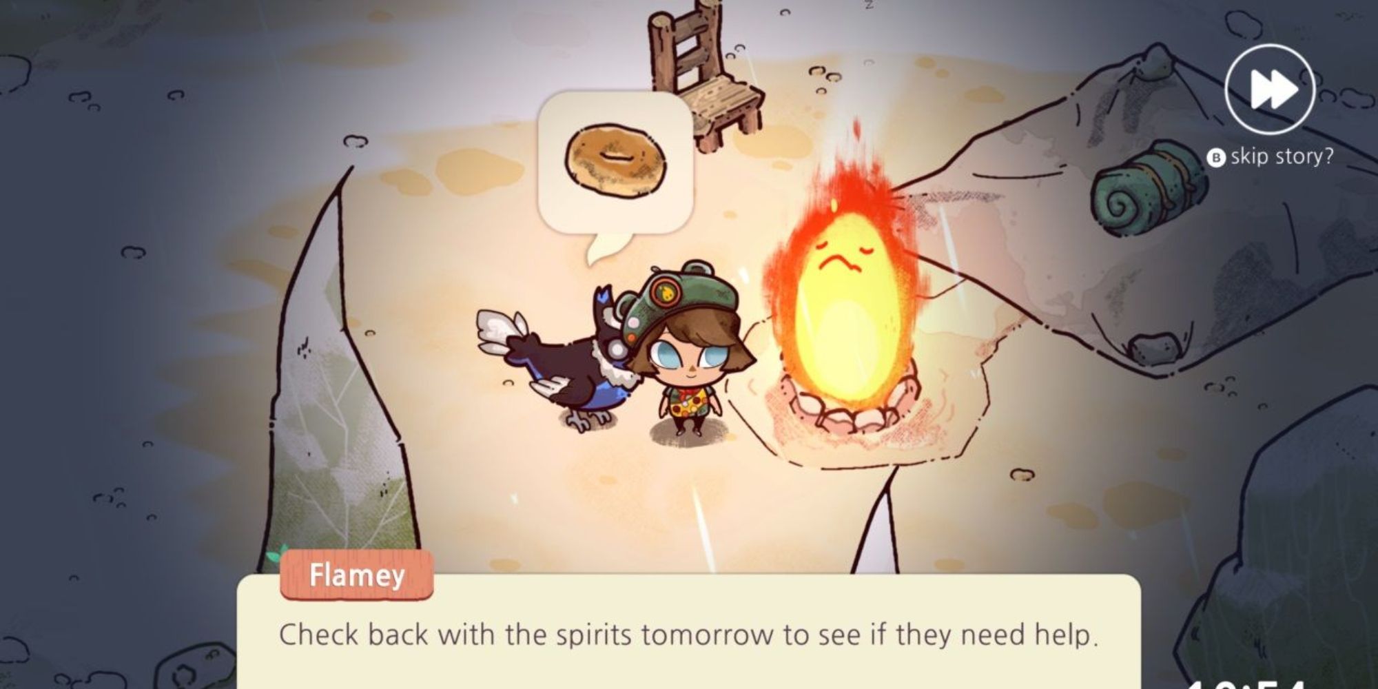 Cozy Grove Flamey communicating that there are no more spirit logs