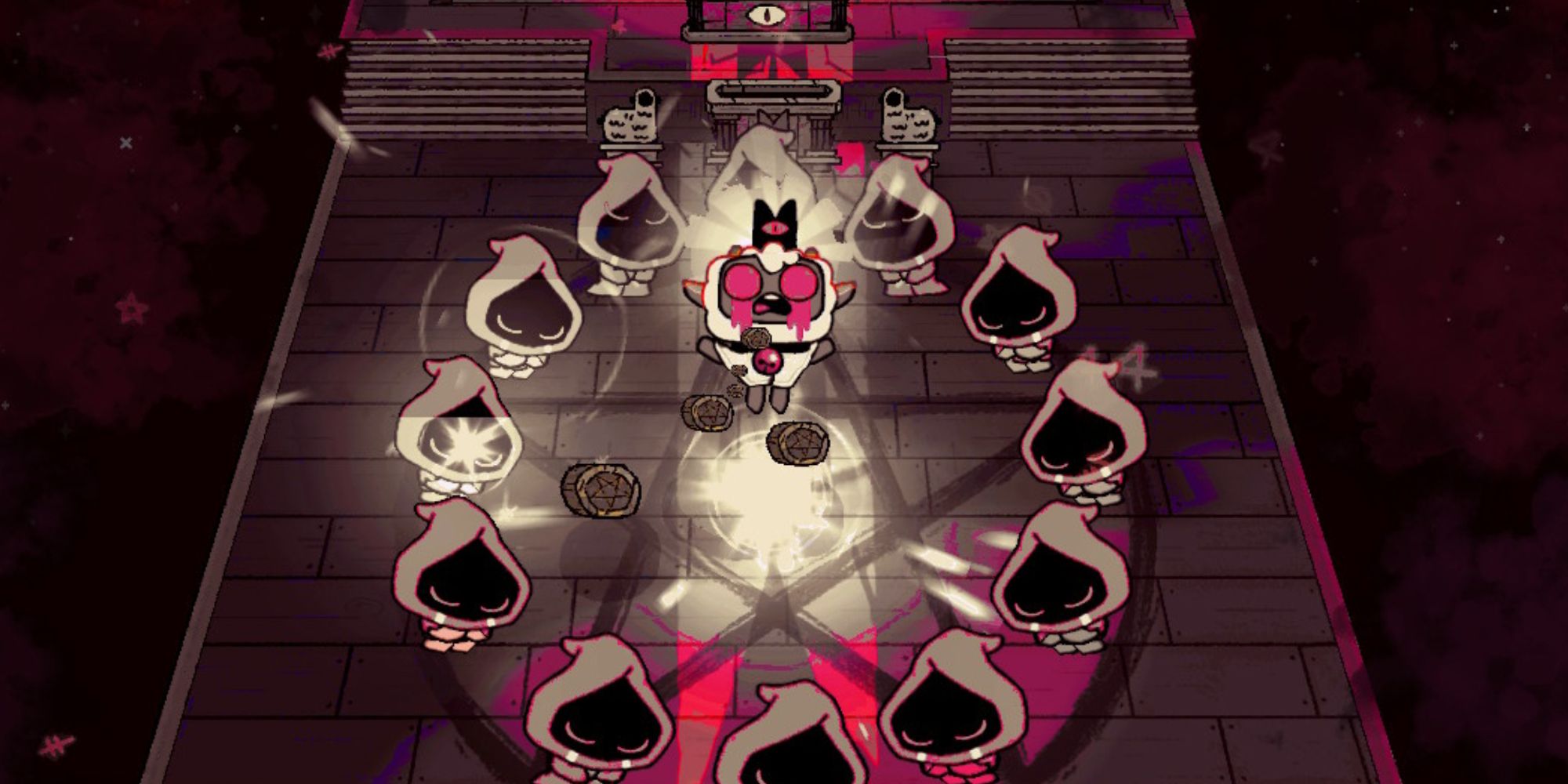 The lamb and his followers perform a ritual in the temple in CUlt Of The Lamb