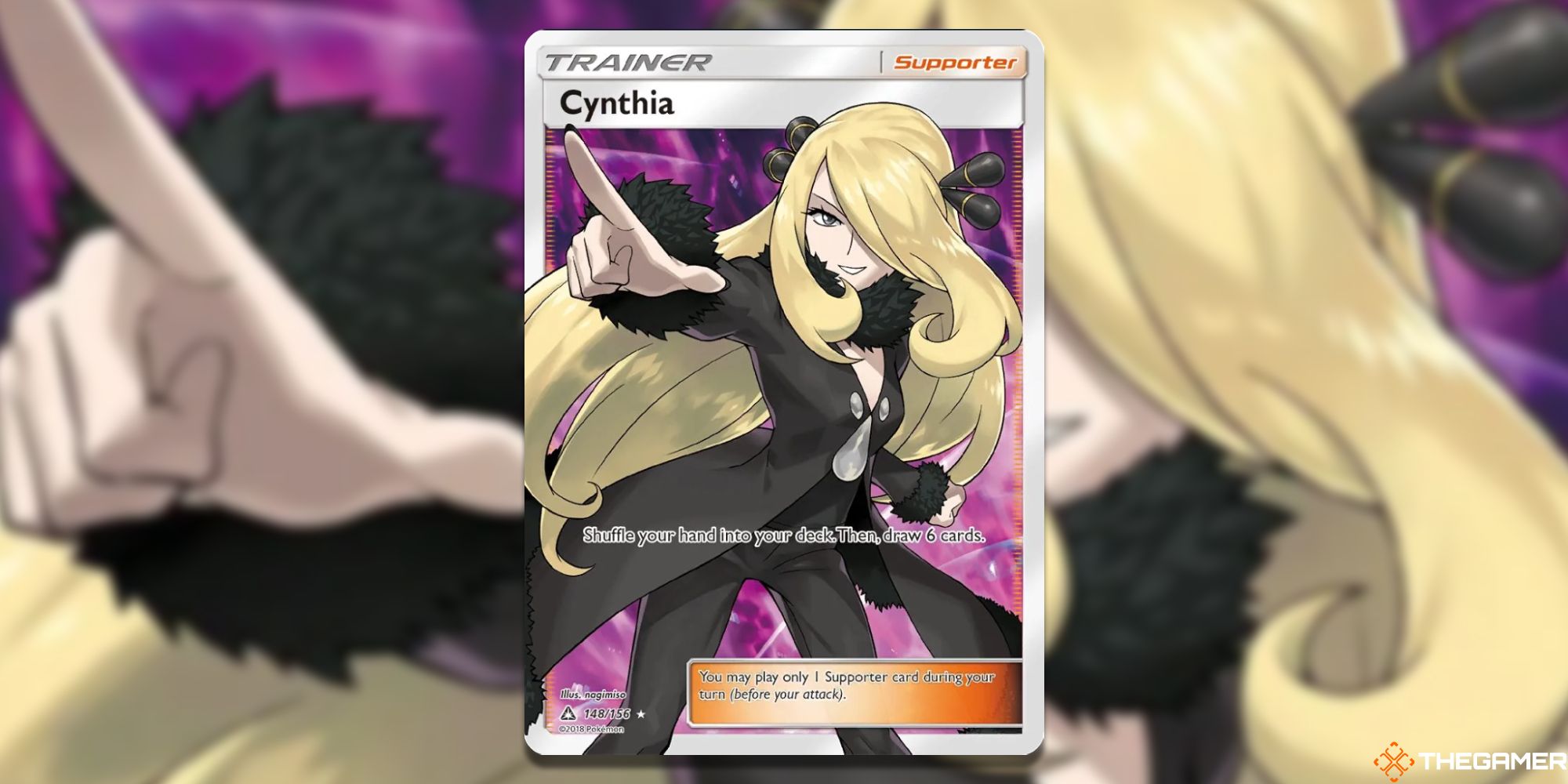 Pokemon TCG Full Art Cynthia from SM-Ultra Prism with blurred background