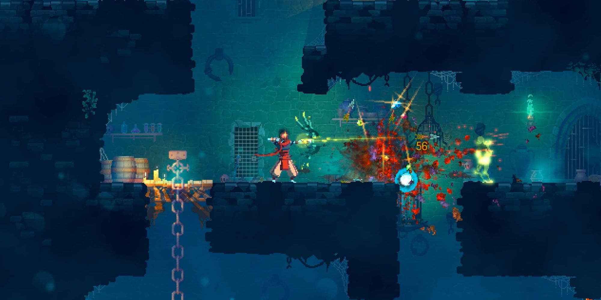 Protagonist shooting an arrow at mobs in Dead Cells