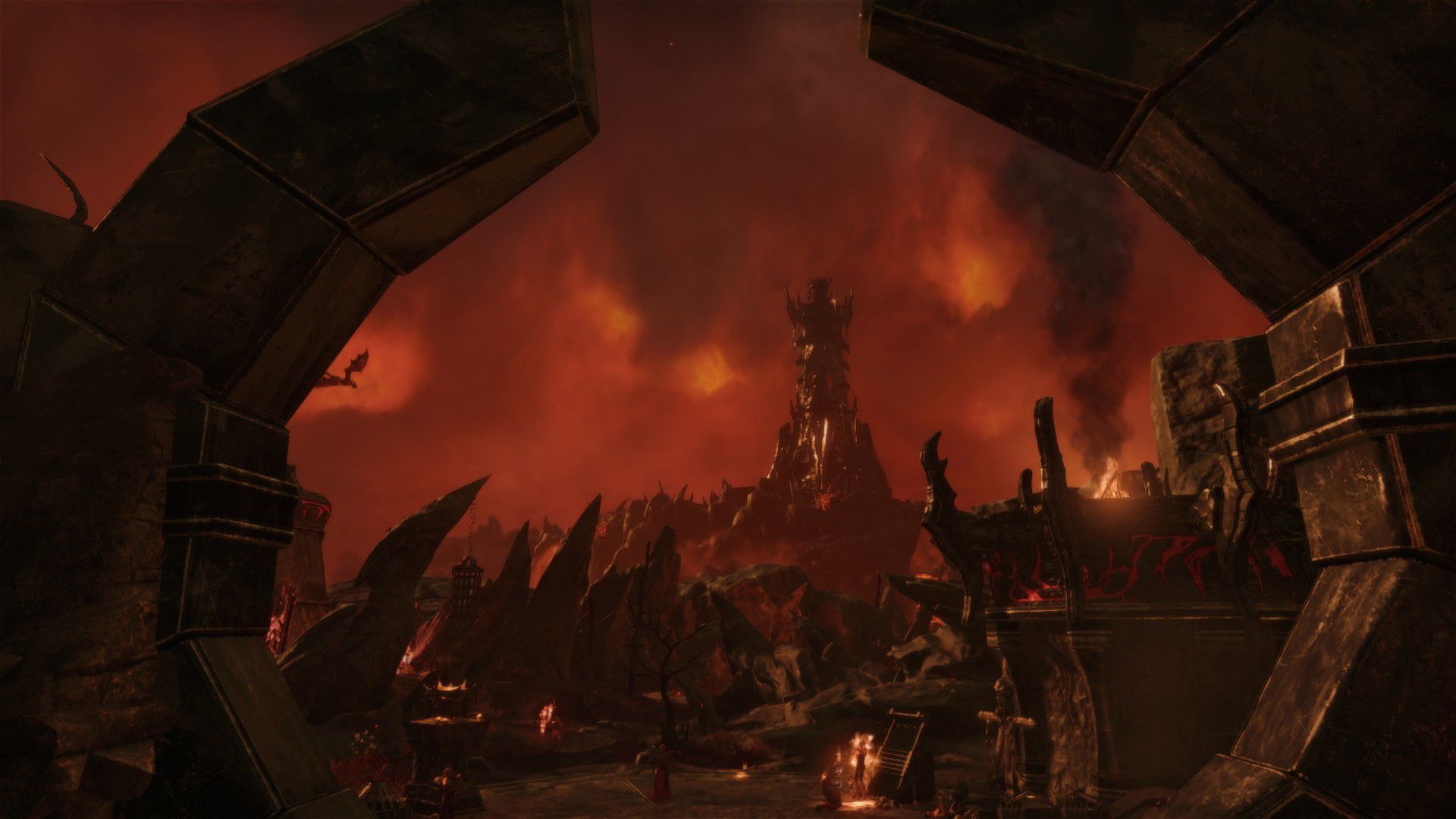 A daedric tower in the distance of Mehrune Dagon's Deadlands to the backdrop of a fiery sky in Elder Scrolls Online