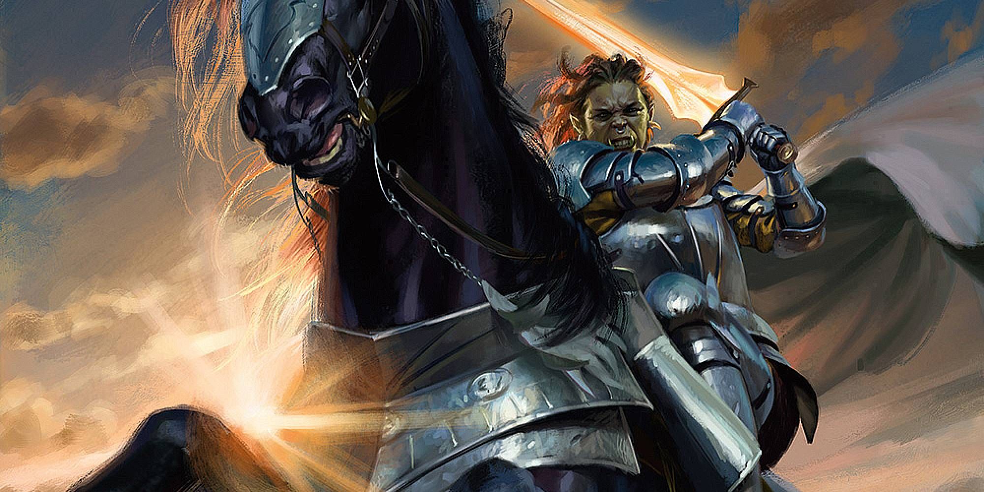 An orc woman in plate armour holds a blazing sword as she rides a dark horse
