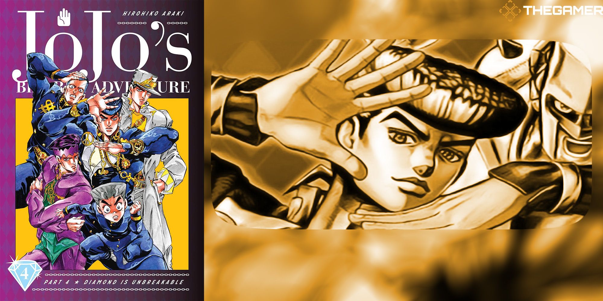 Josuke Higashikata stands next to a copy of Jojo's Bizarre Adventure: Diamond Is Unbreakable- Volume 4.