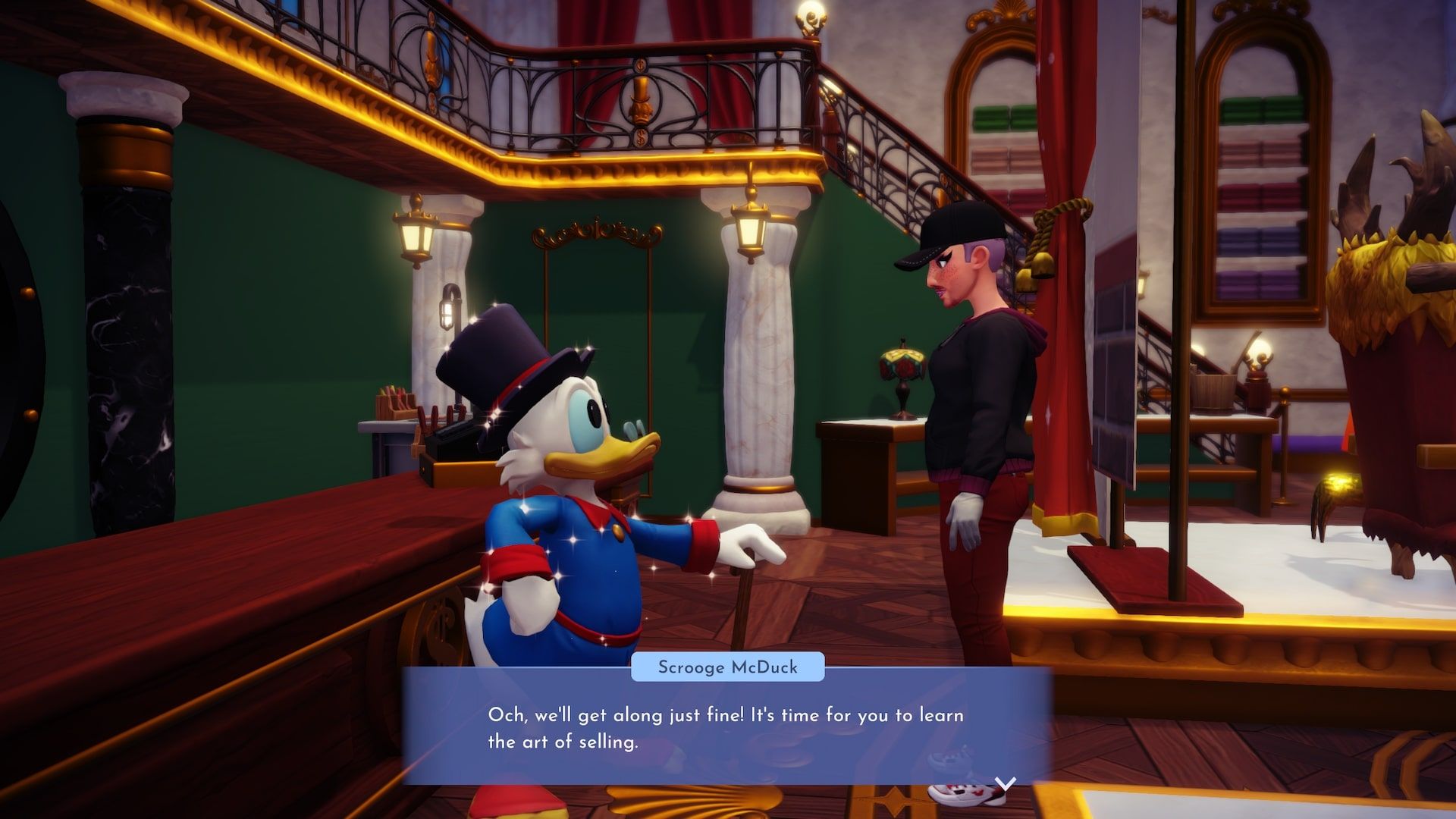 Disney Dreamlight Valley Scrooge McDuck talking to player about learning the art of selling