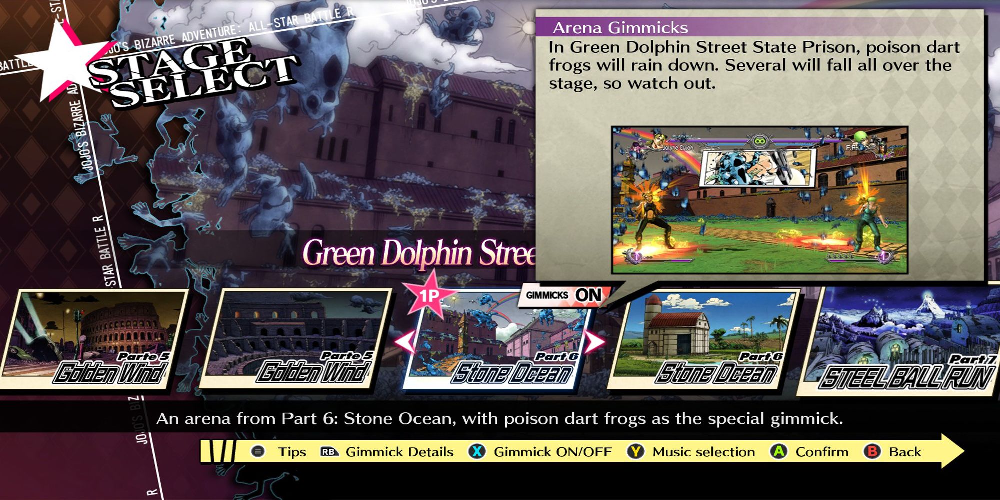 In JoJo's Bizarre Adventure: ASBR, Dolphin State Prison's arena gimmick is a storm of poisonous frogs falling from the sky.
