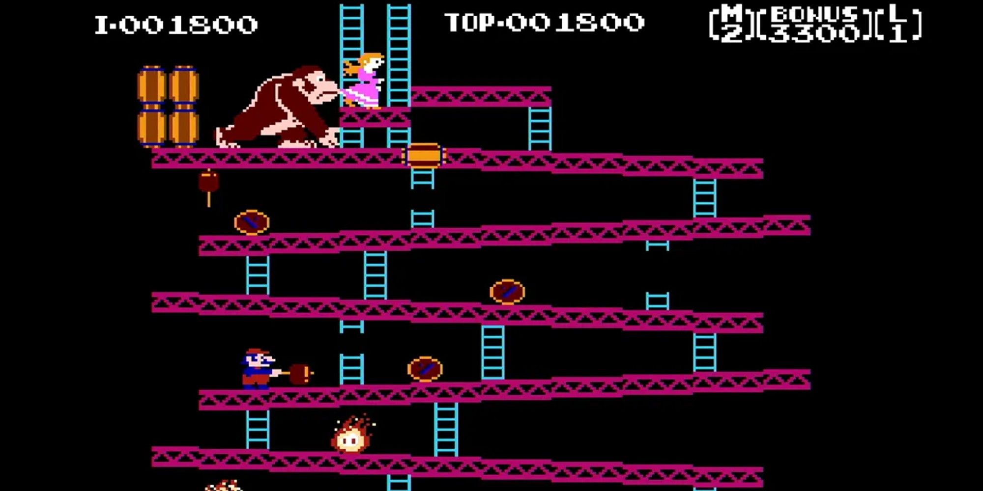 Mario with a hammer in Donkey Kong 1981 arcade game