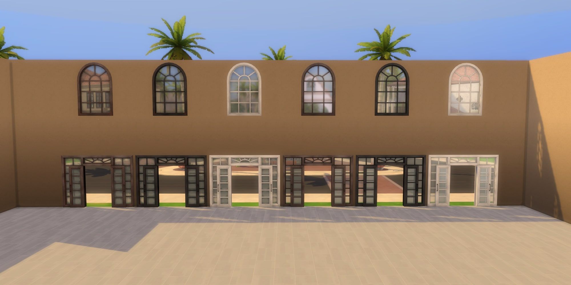 Sims 4: Industrial Loft Kit Glass Doors & Windows, all swatches in empty room